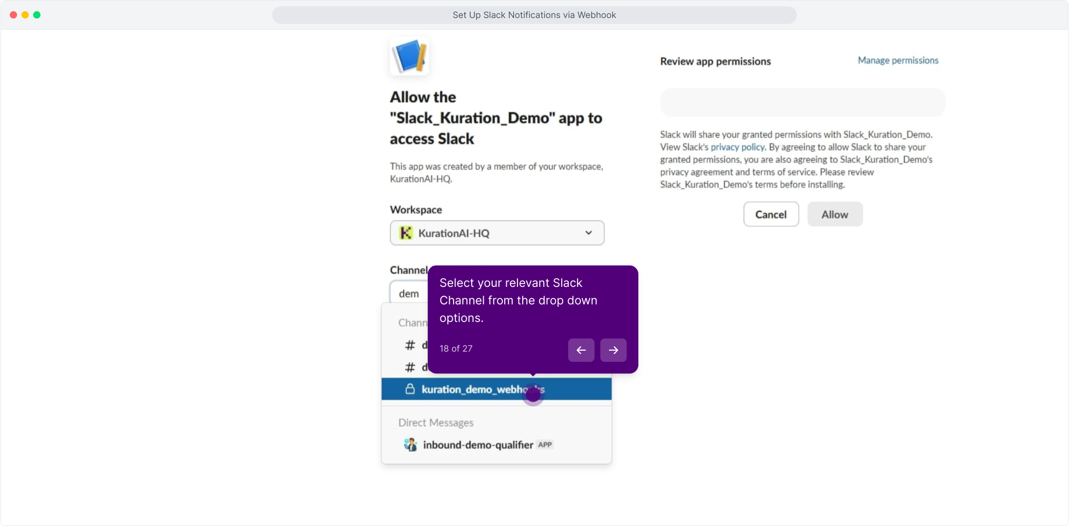 Channel picker with kuration_demo_webhooks selected