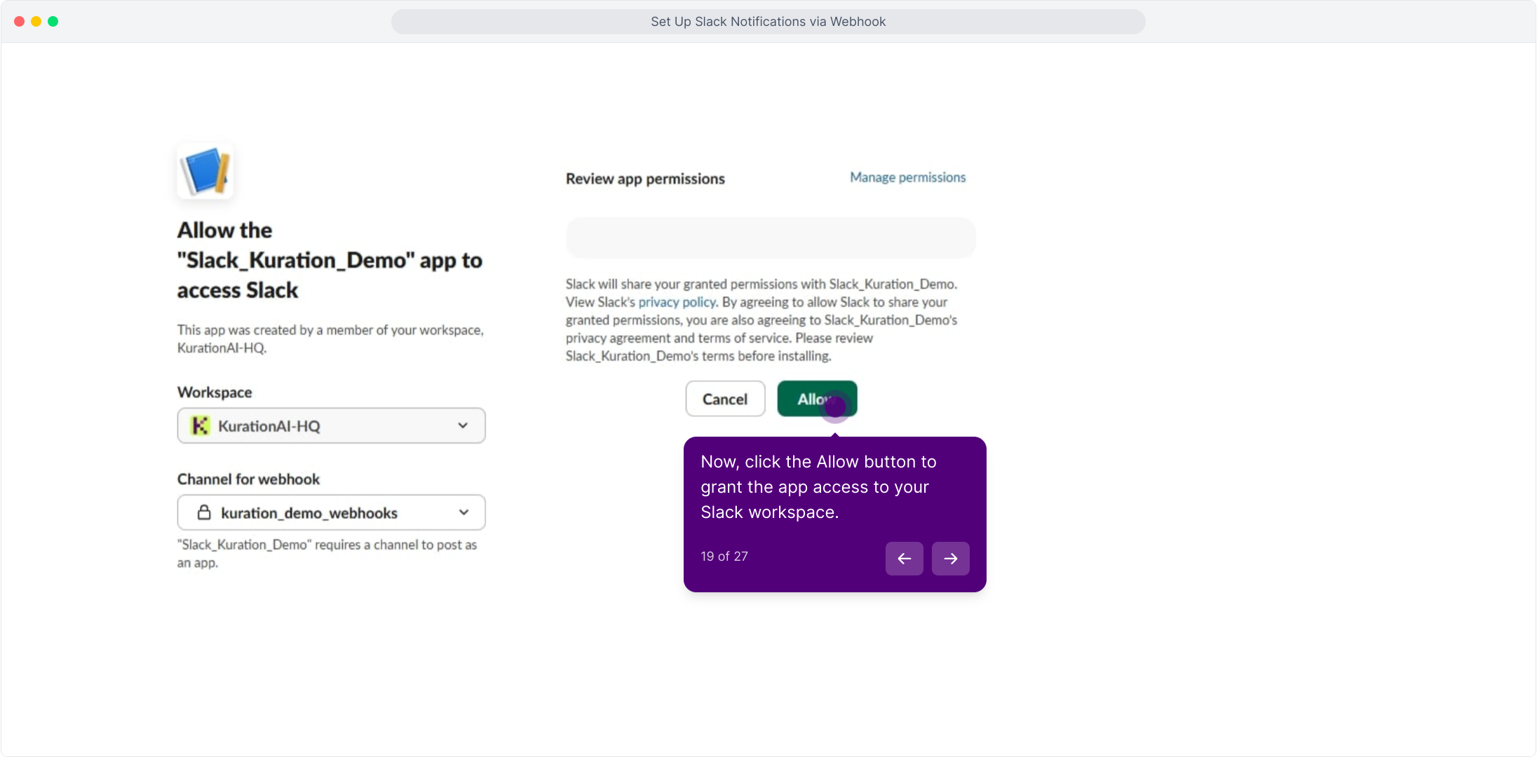 Slack permissions screen with the Allow button highlighted