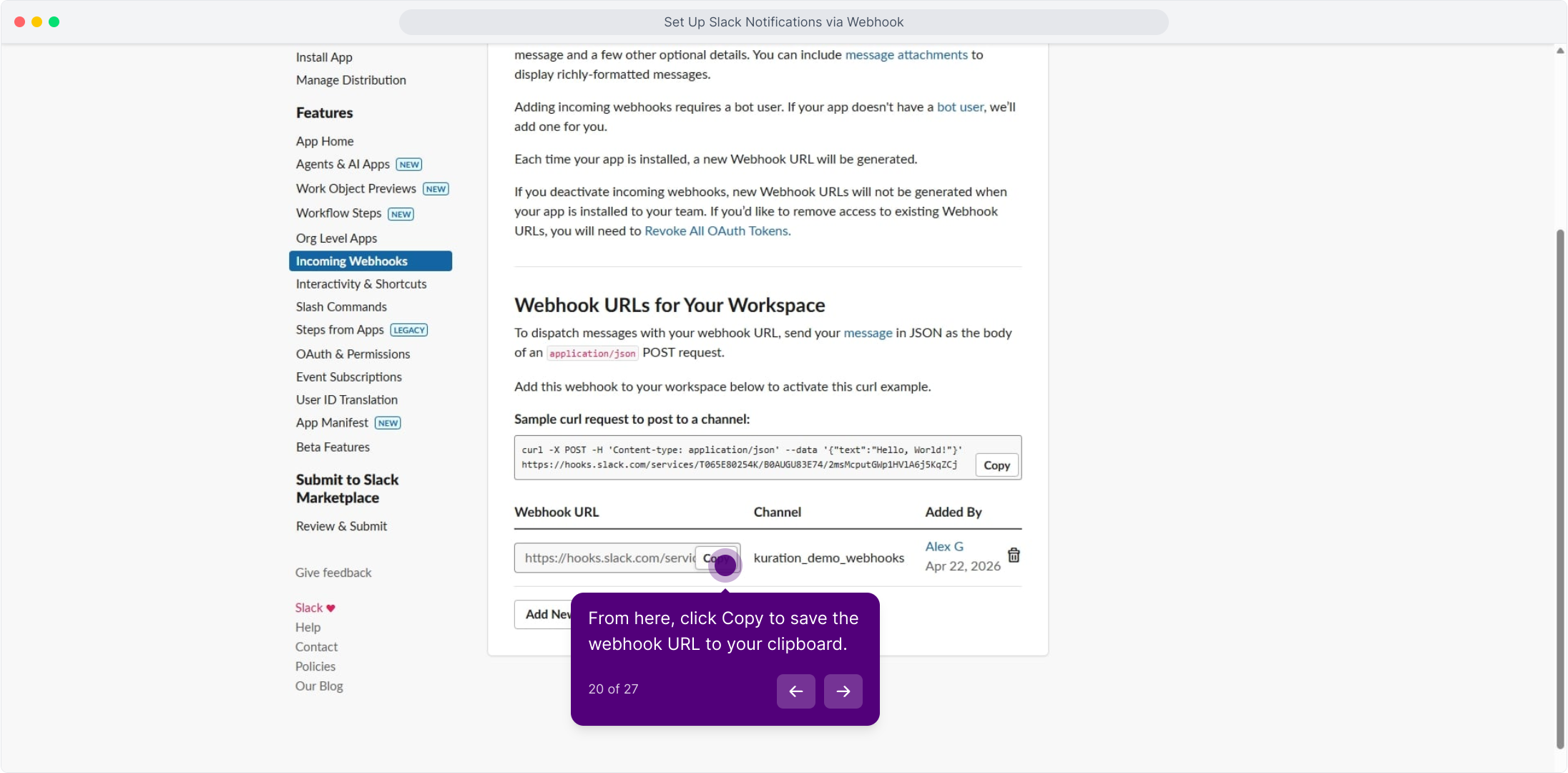 Webhook URL row with the Copy button highlighted