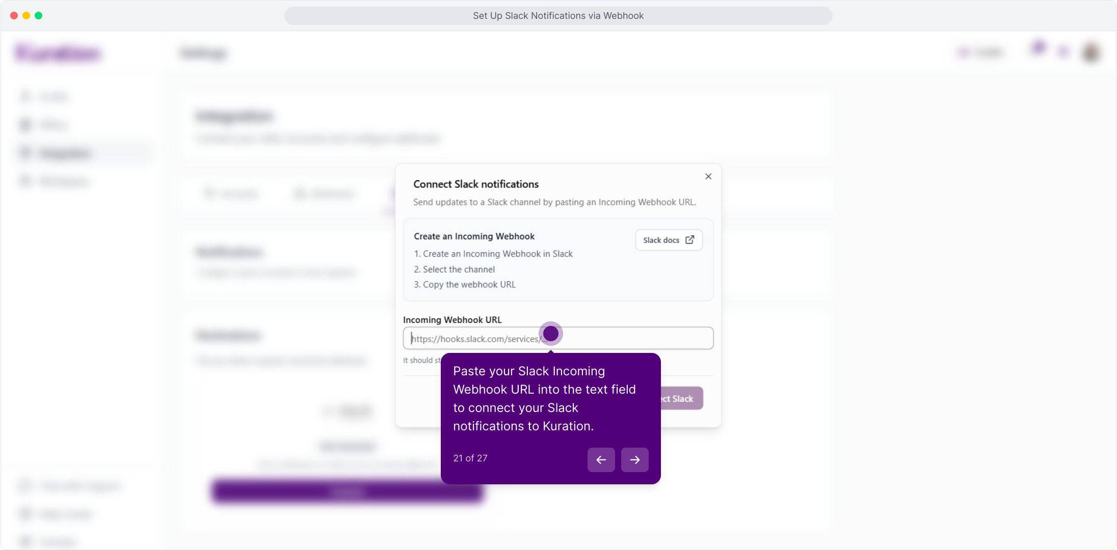 Kuration dialog with the Incoming Webhook URL field highlighted