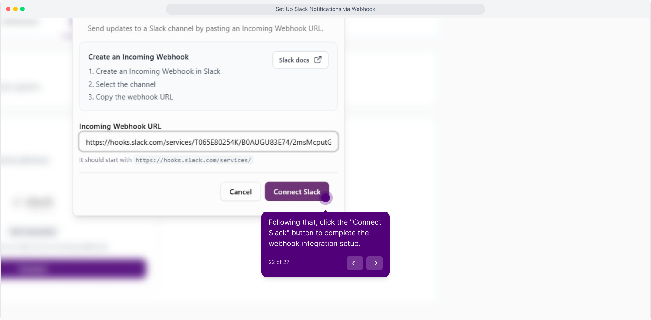 Kuration dialog with the Connect Slack button highlighted