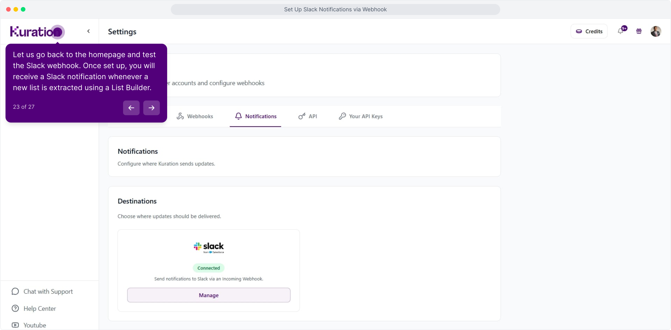 Kuration Notifications tab showing Slack connected