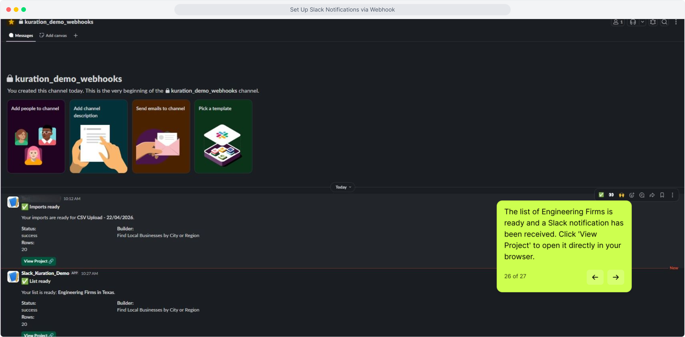 Slack channel showing a List ready notification from Kuration