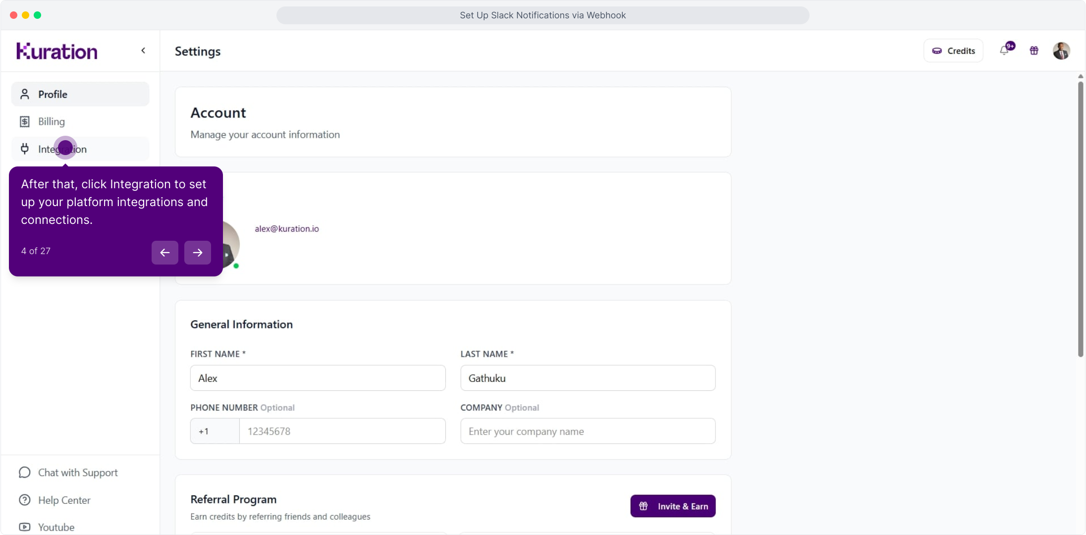 Settings sidebar with Integration highlighted