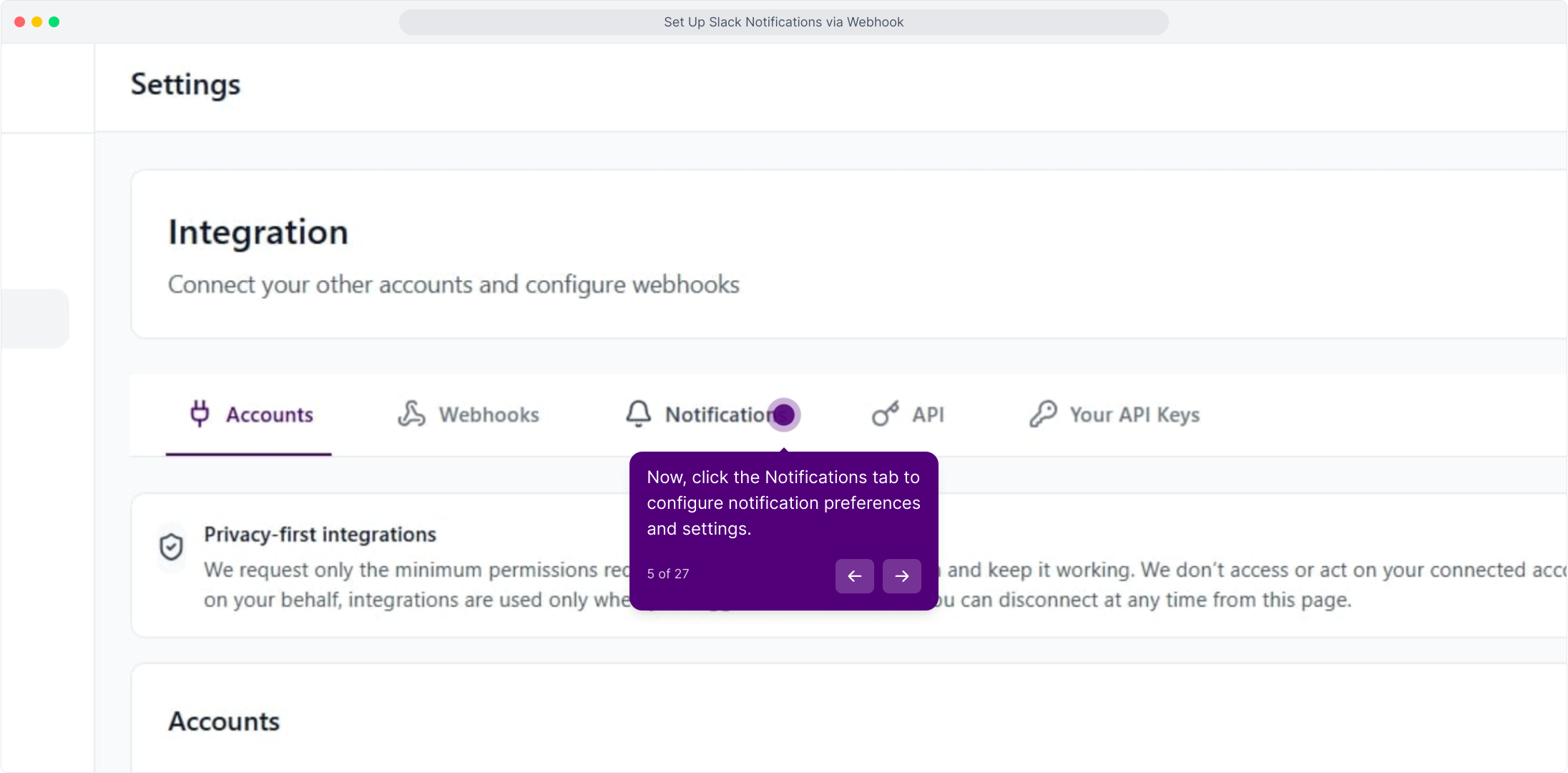 Integration page with the Notifications tab highlighted