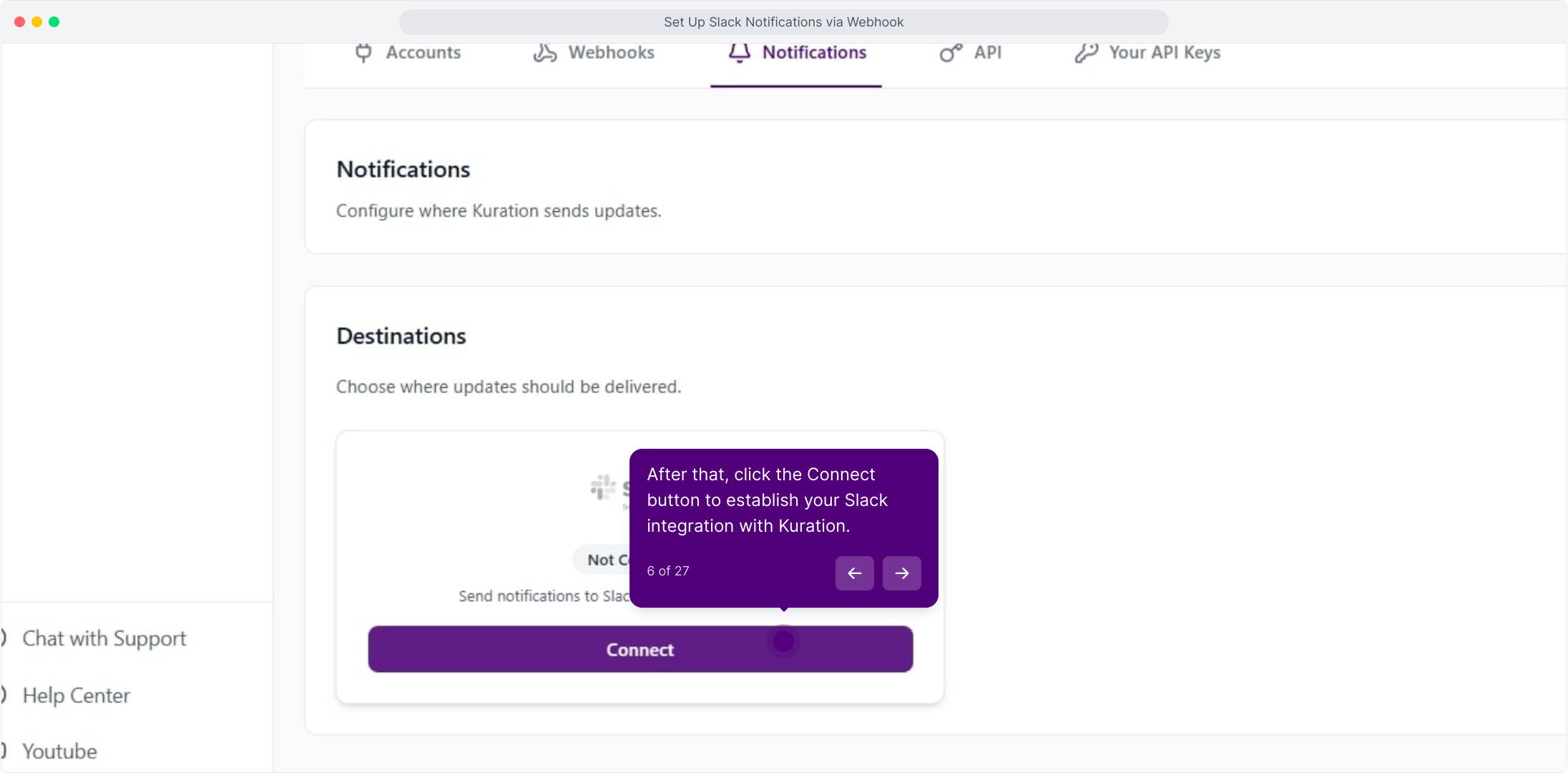 Destinations section with the Slack Connect button highlighted