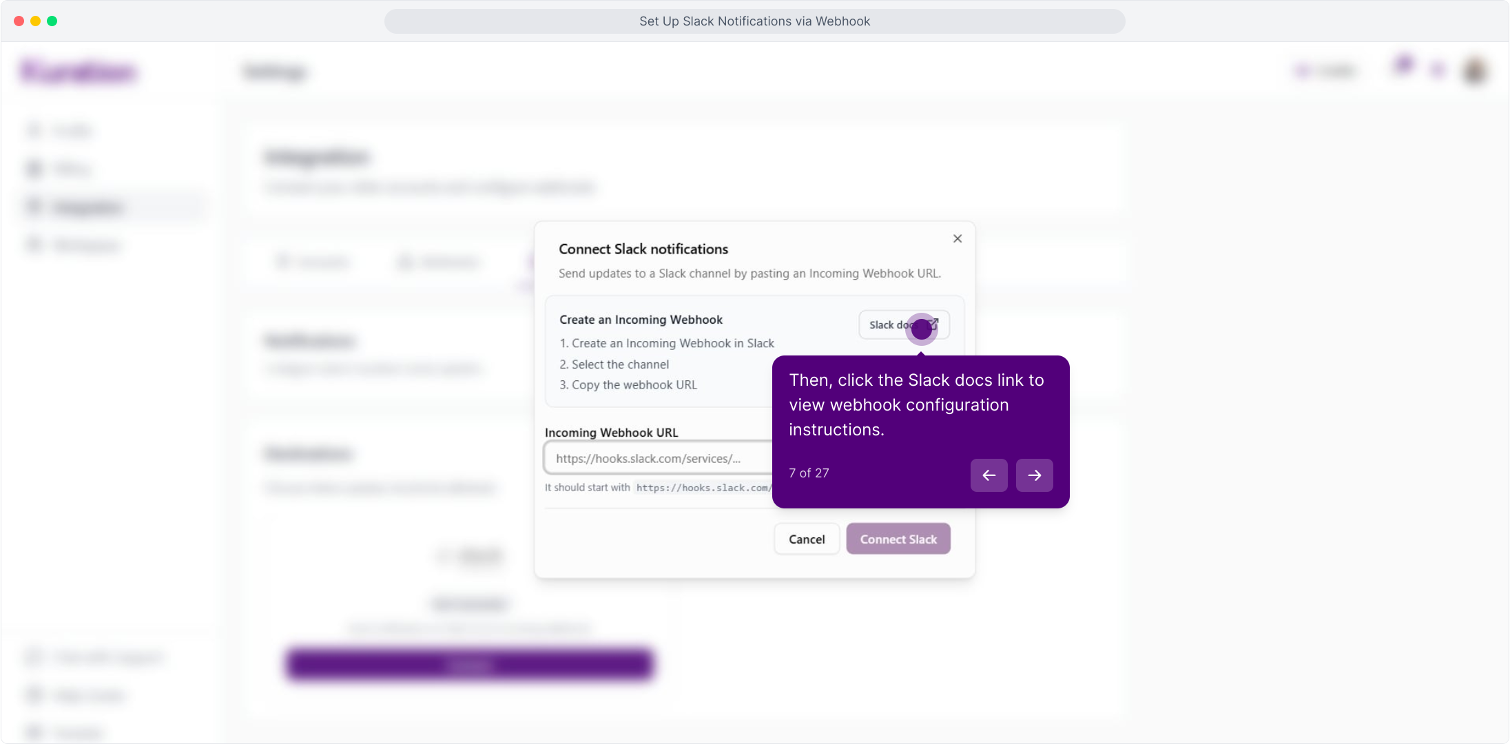 Connect Slack notifications dialog with the Slack docs link highlighted