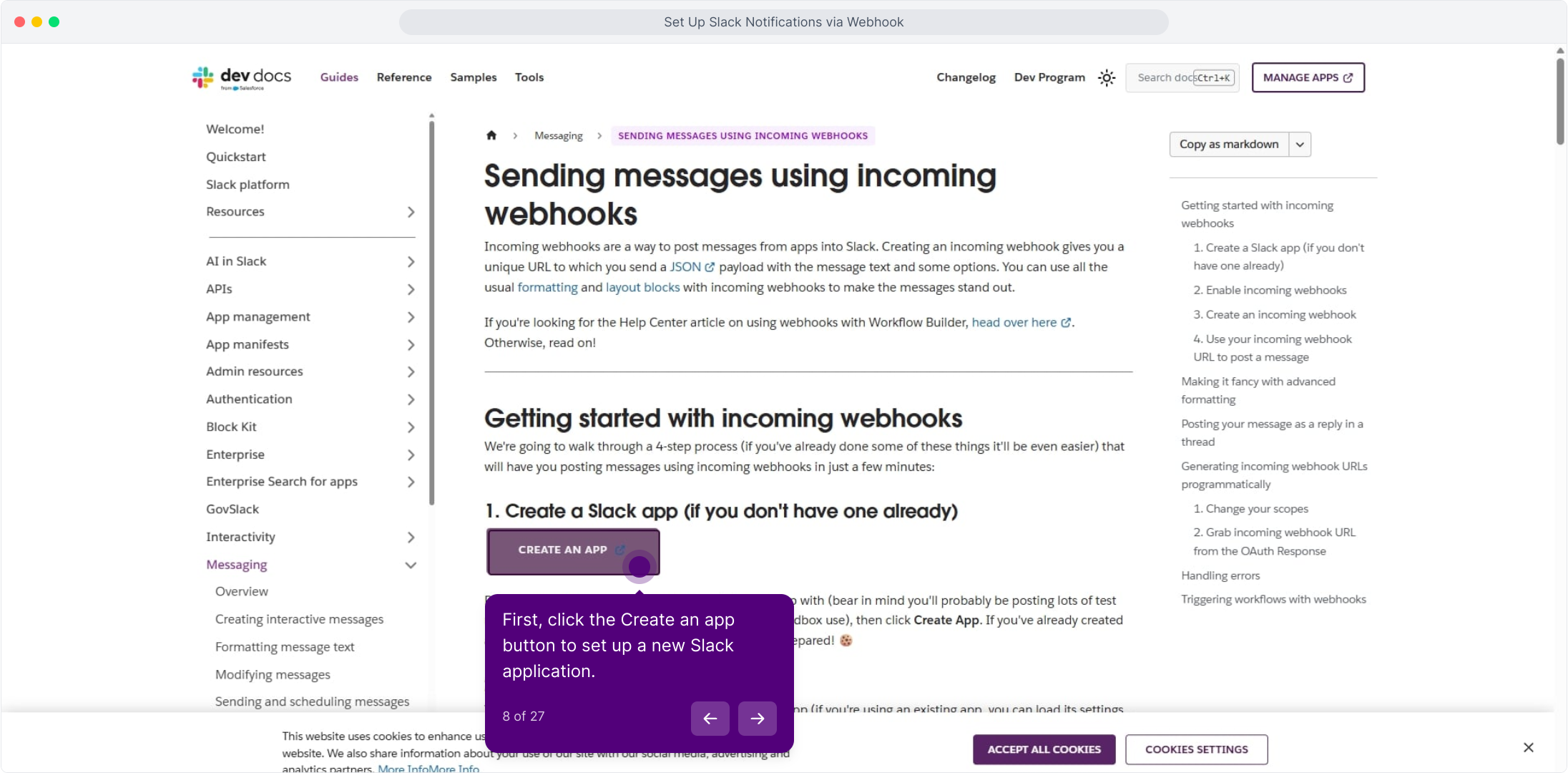 Slack developer docs with the Create an app button highlighted