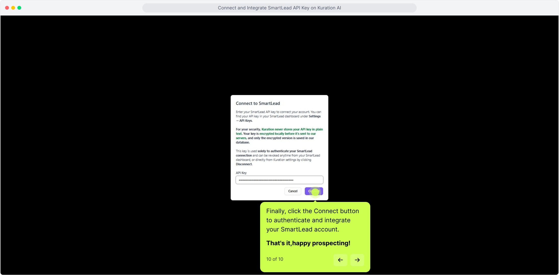 Connect to SmartLead dialog with the key pasted and Connect highlighted