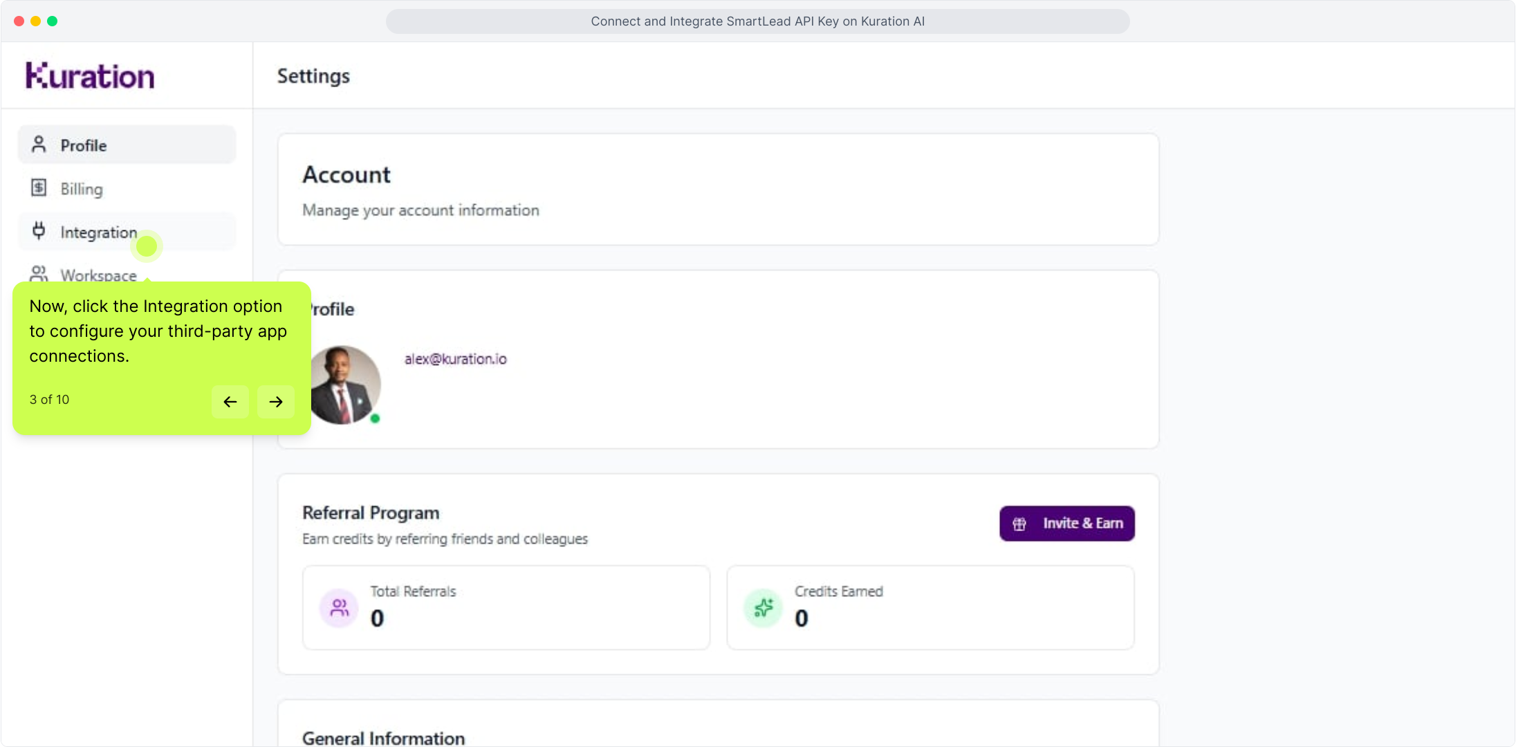 Settings sidebar with Integration highlighted