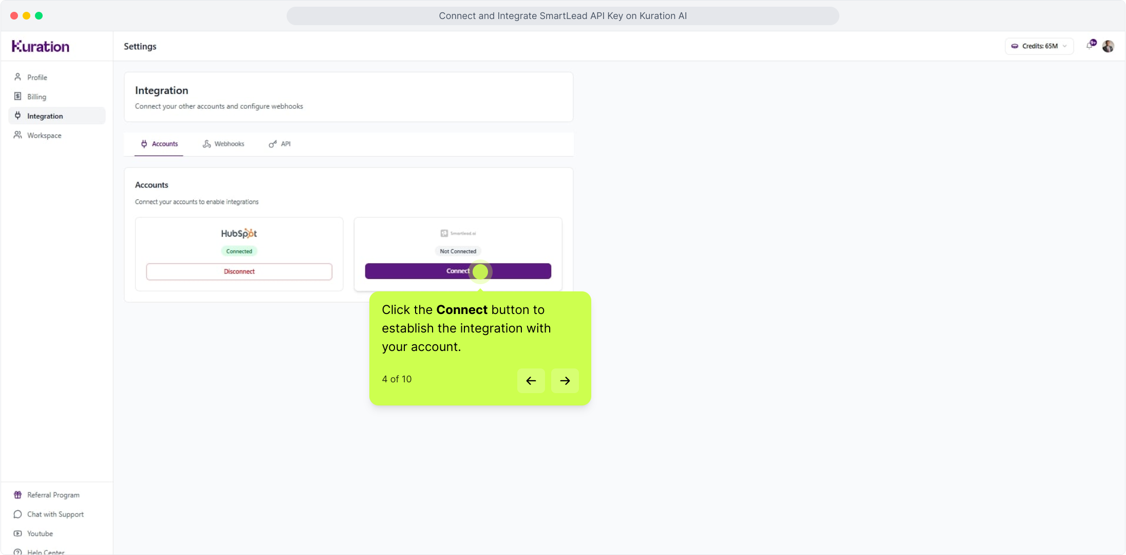 Integration settings with the Smartlead Connect button highlighted