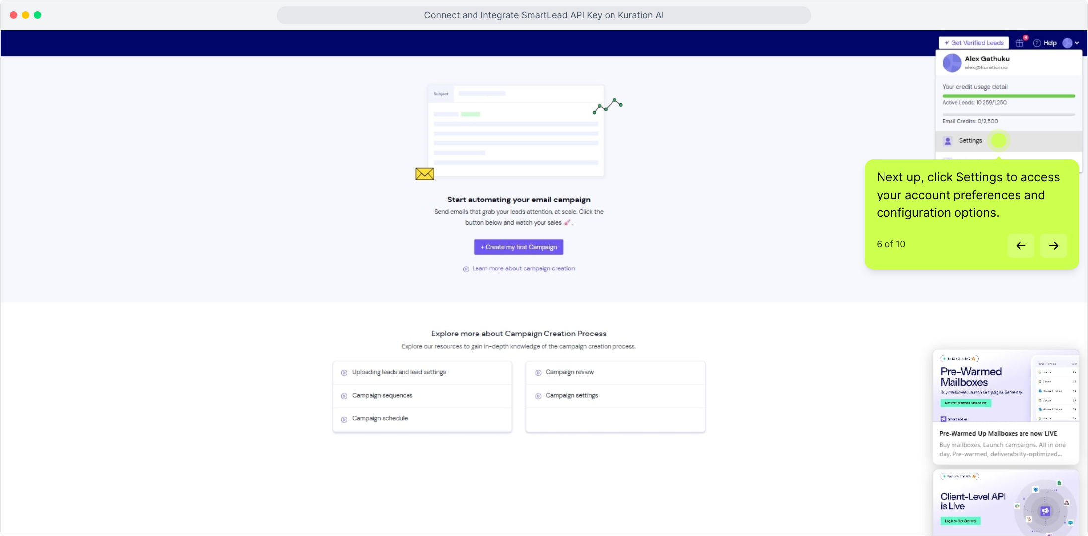 Smartlead account menu with Settings highlighted