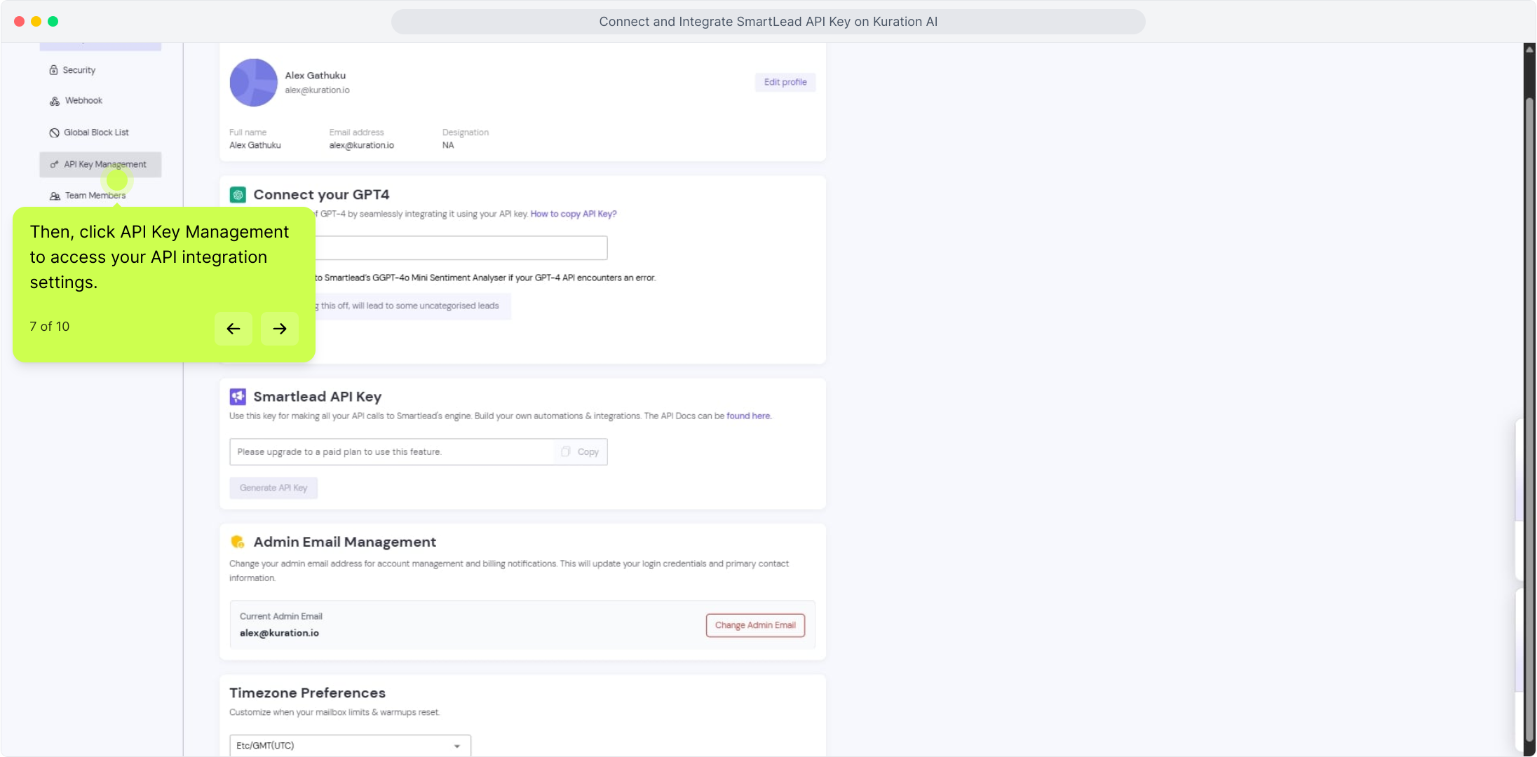 Smartlead settings sidebar with API Key Management highlighted