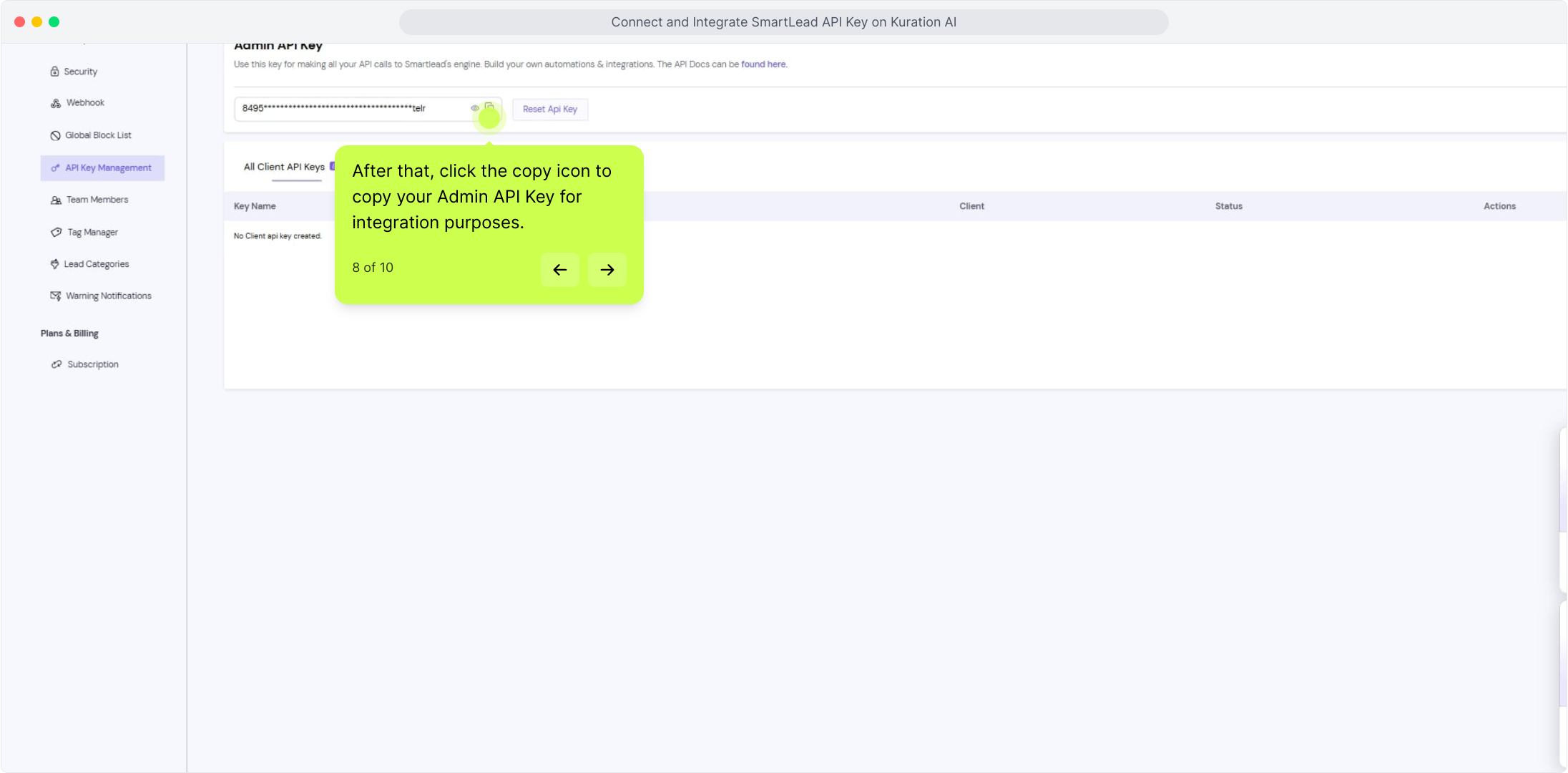Smartlead Admin API Key field with the copy icon highlighted