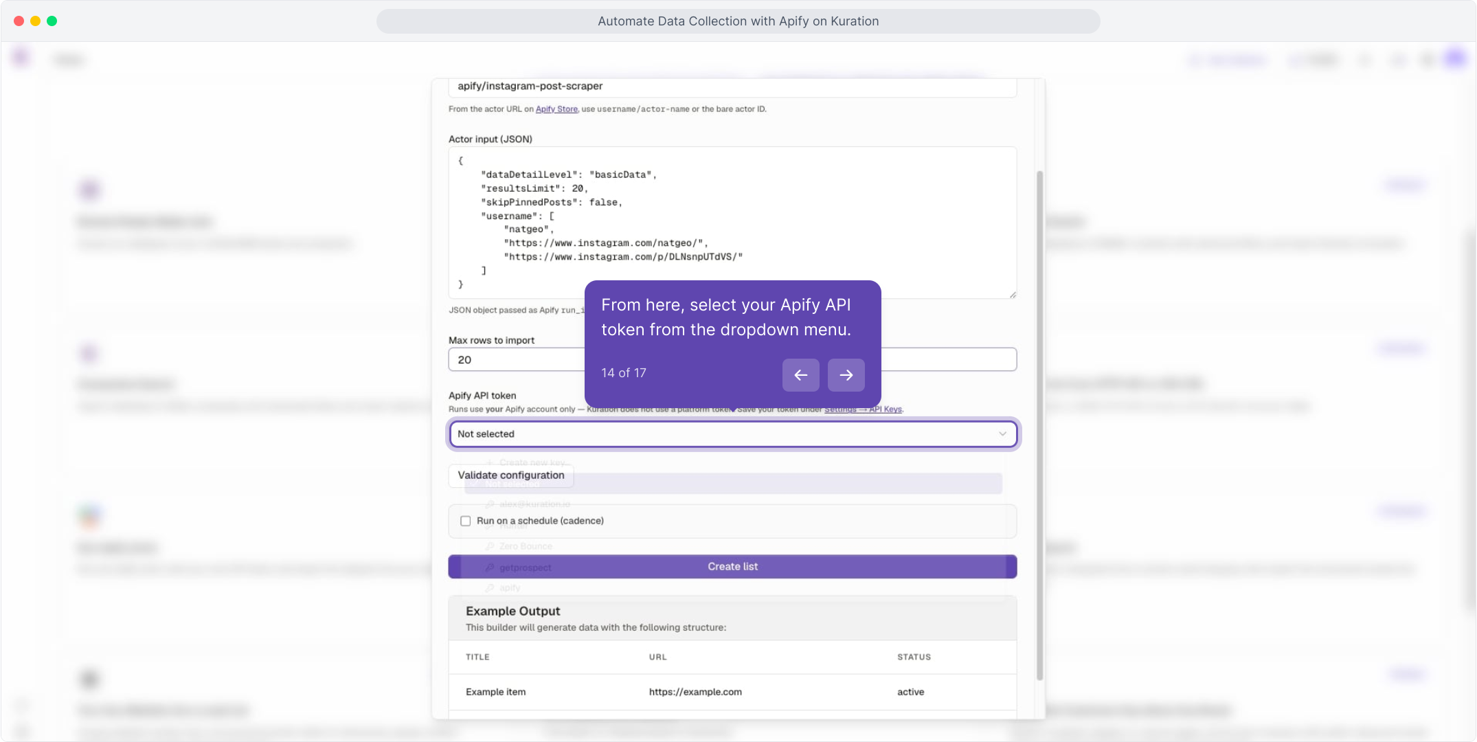 Apify API token dropdown opened