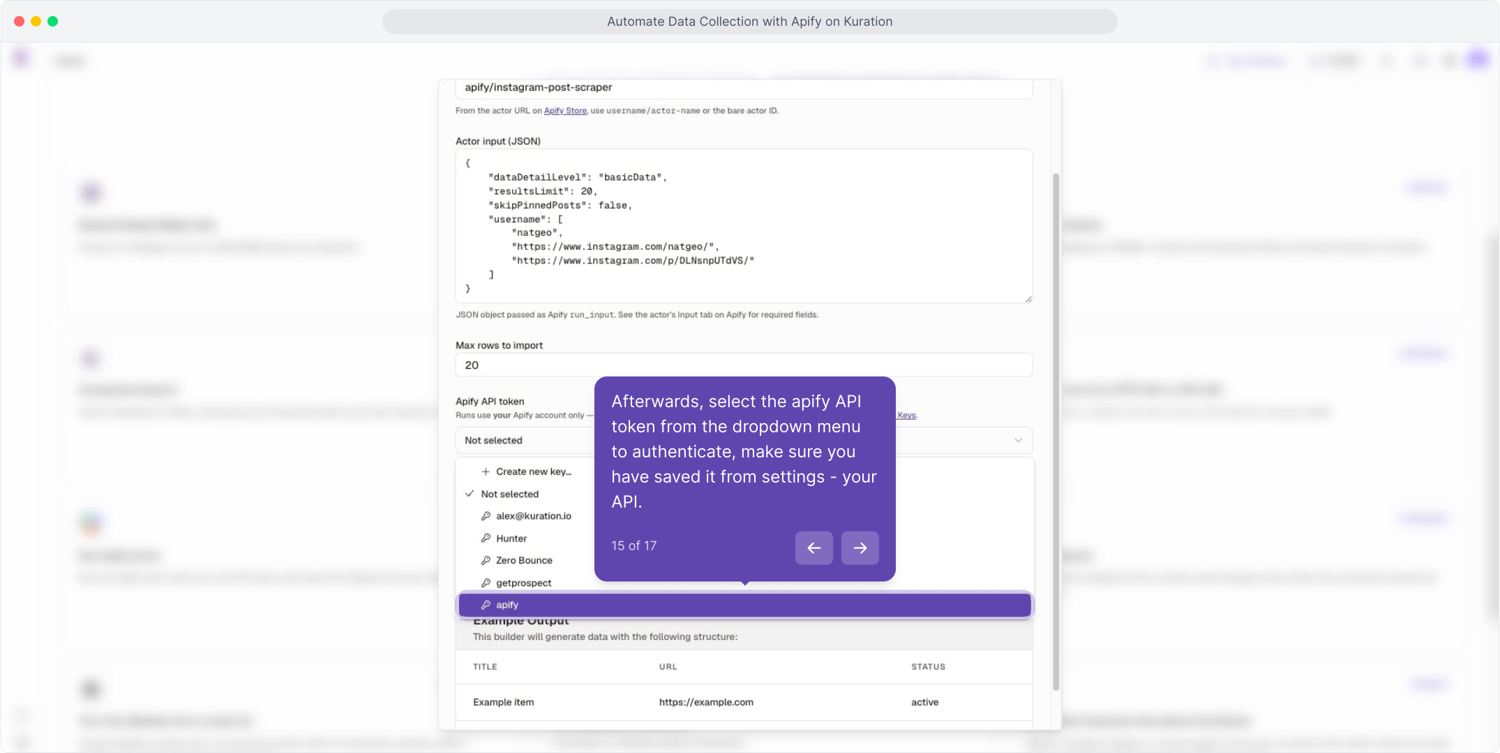 Apify API token dropdown with the apify key selected