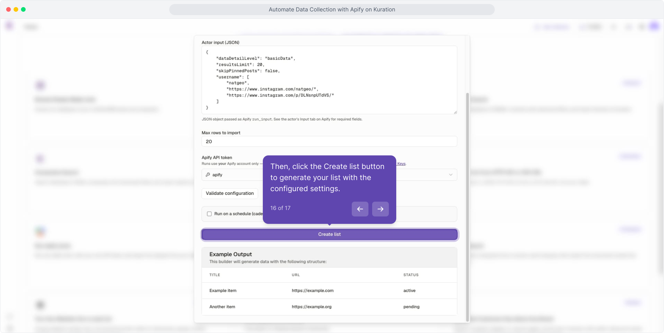 Run Apify Actor dialog with the Create list button highlighted