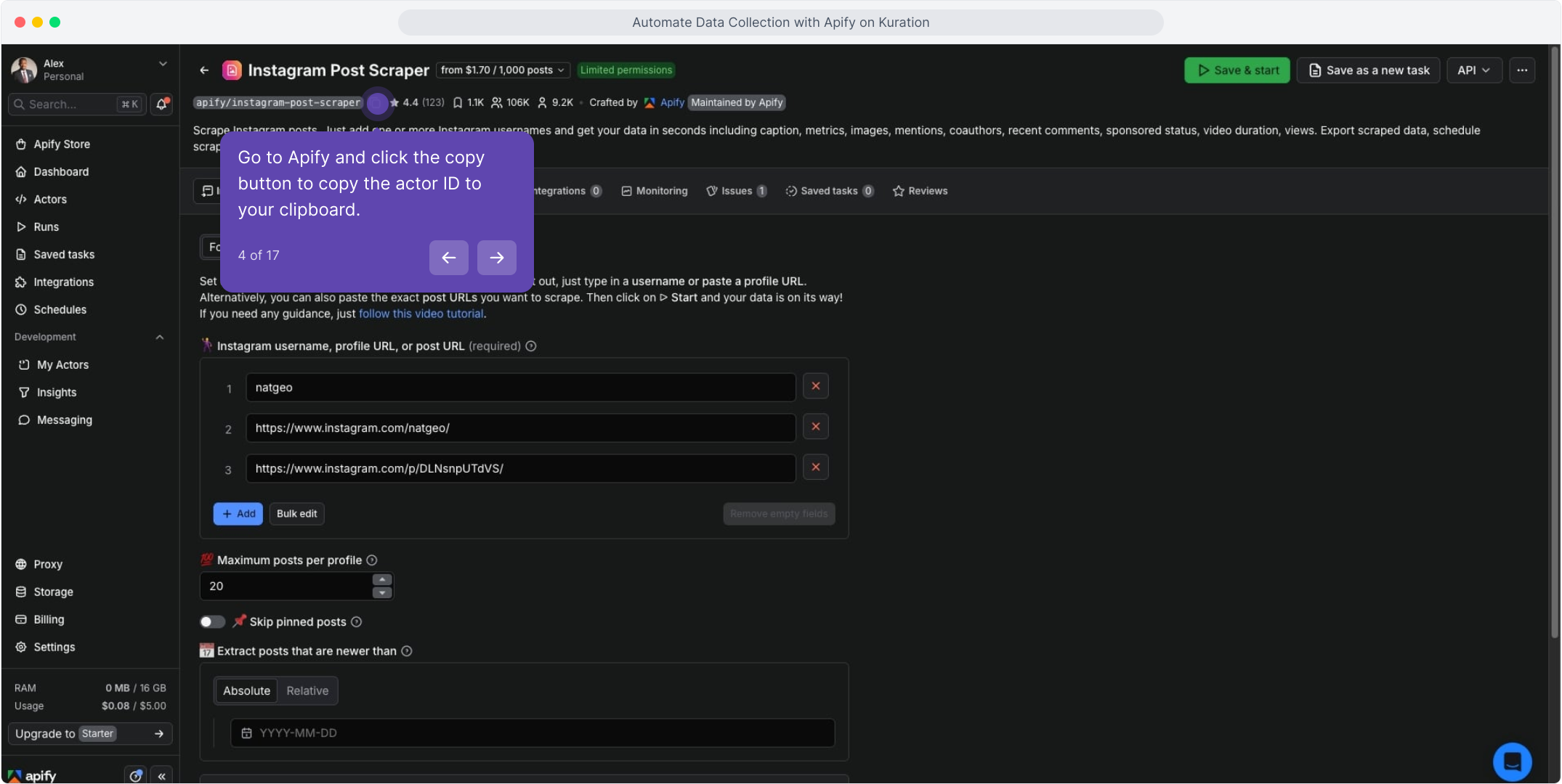 Apify actor page with the actor ID copy button highlighted