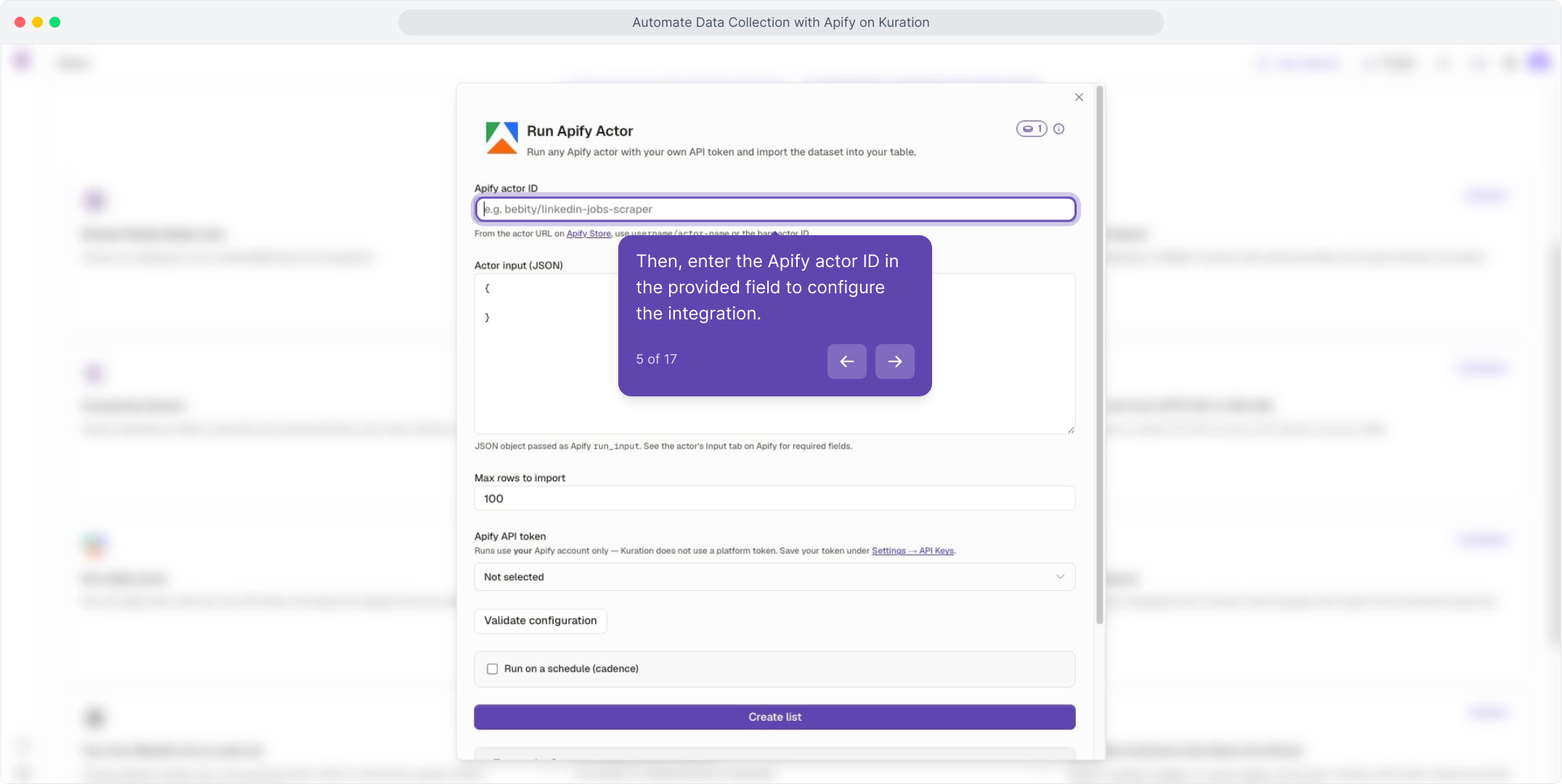 Run Apify Actor dialog with the Apify actor ID field focused