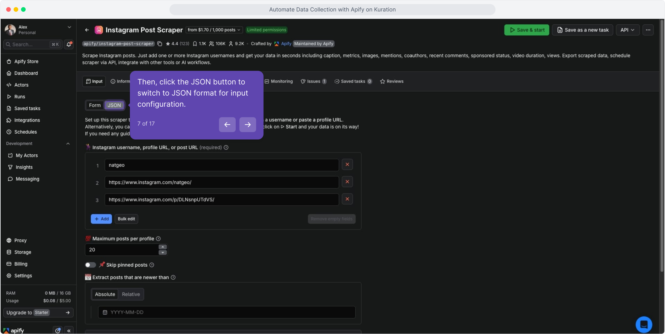 Apify input tab with the JSON toggle highlighted