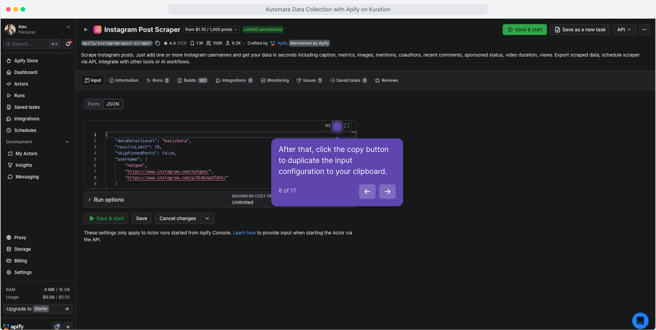 Apify JSON input editor with the copy button highlighted