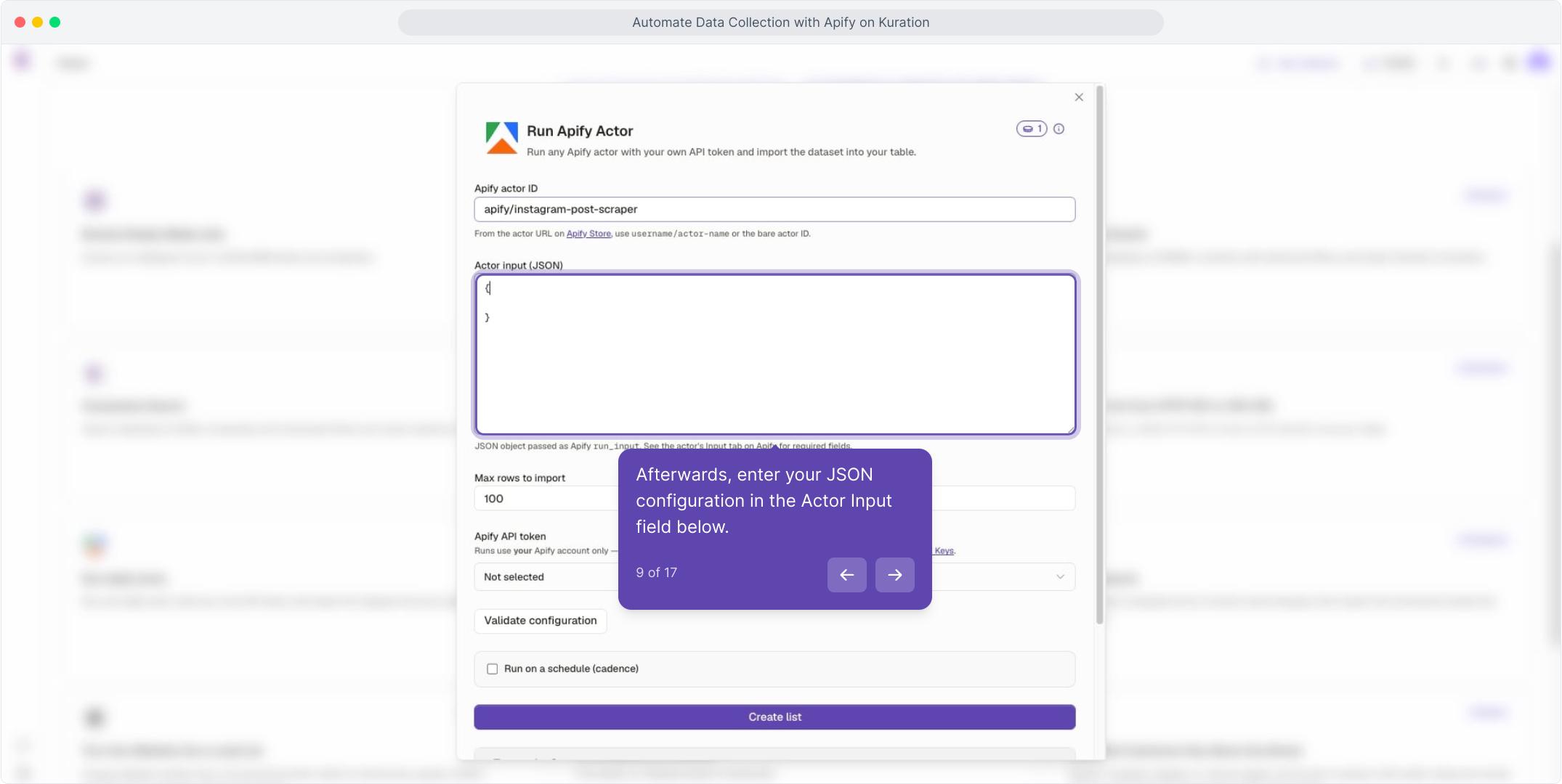 Run Apify Actor dialog with the Actor input JSON field focused