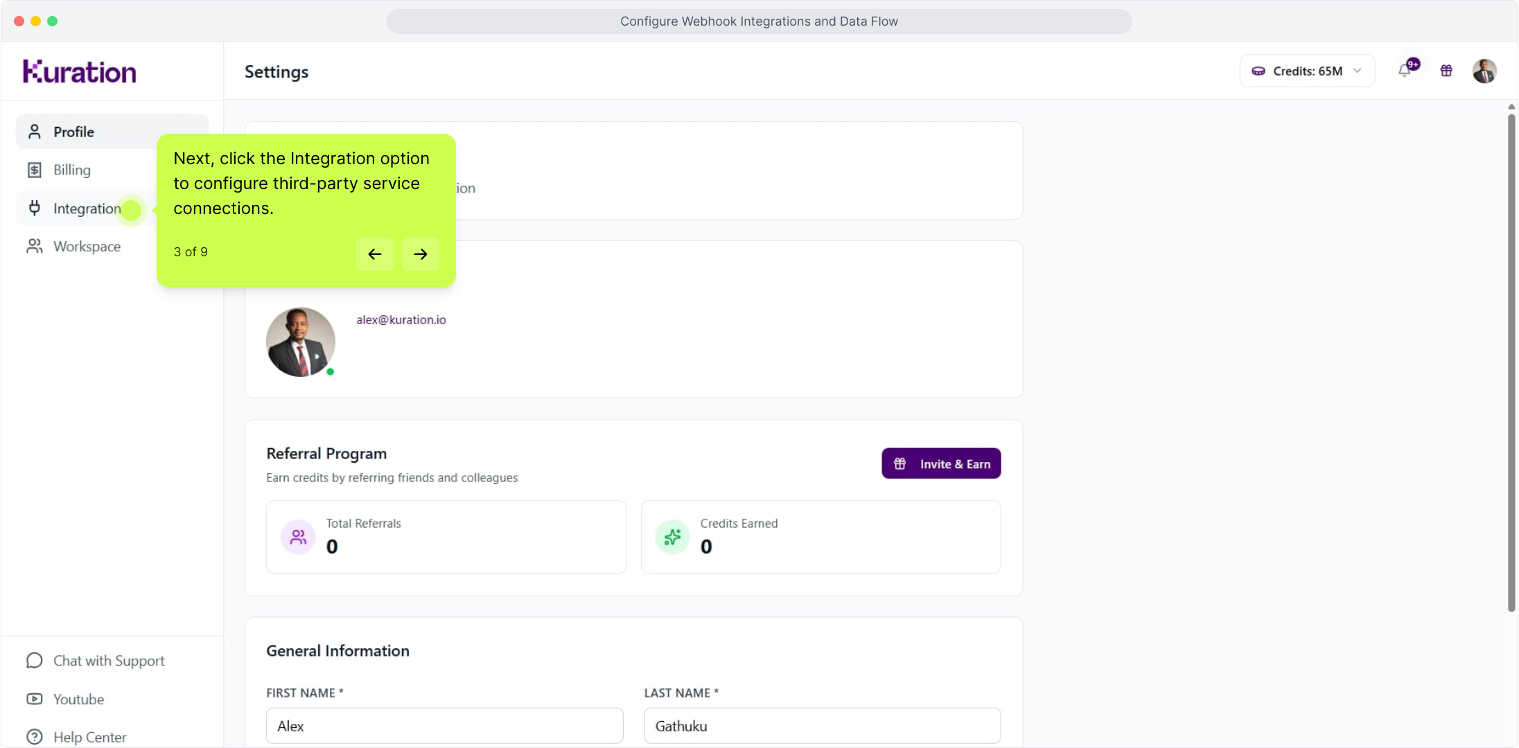 Kuration Settings with the Integration section selected