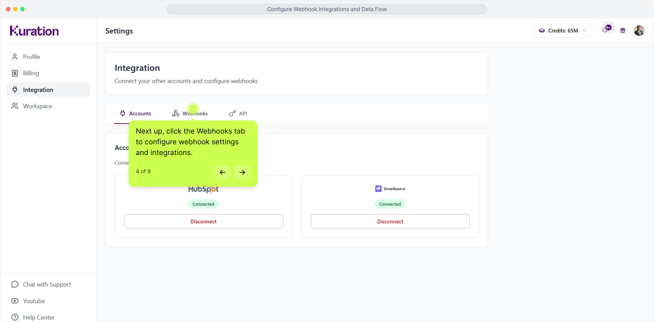 Integration settings with the Webhooks option selected