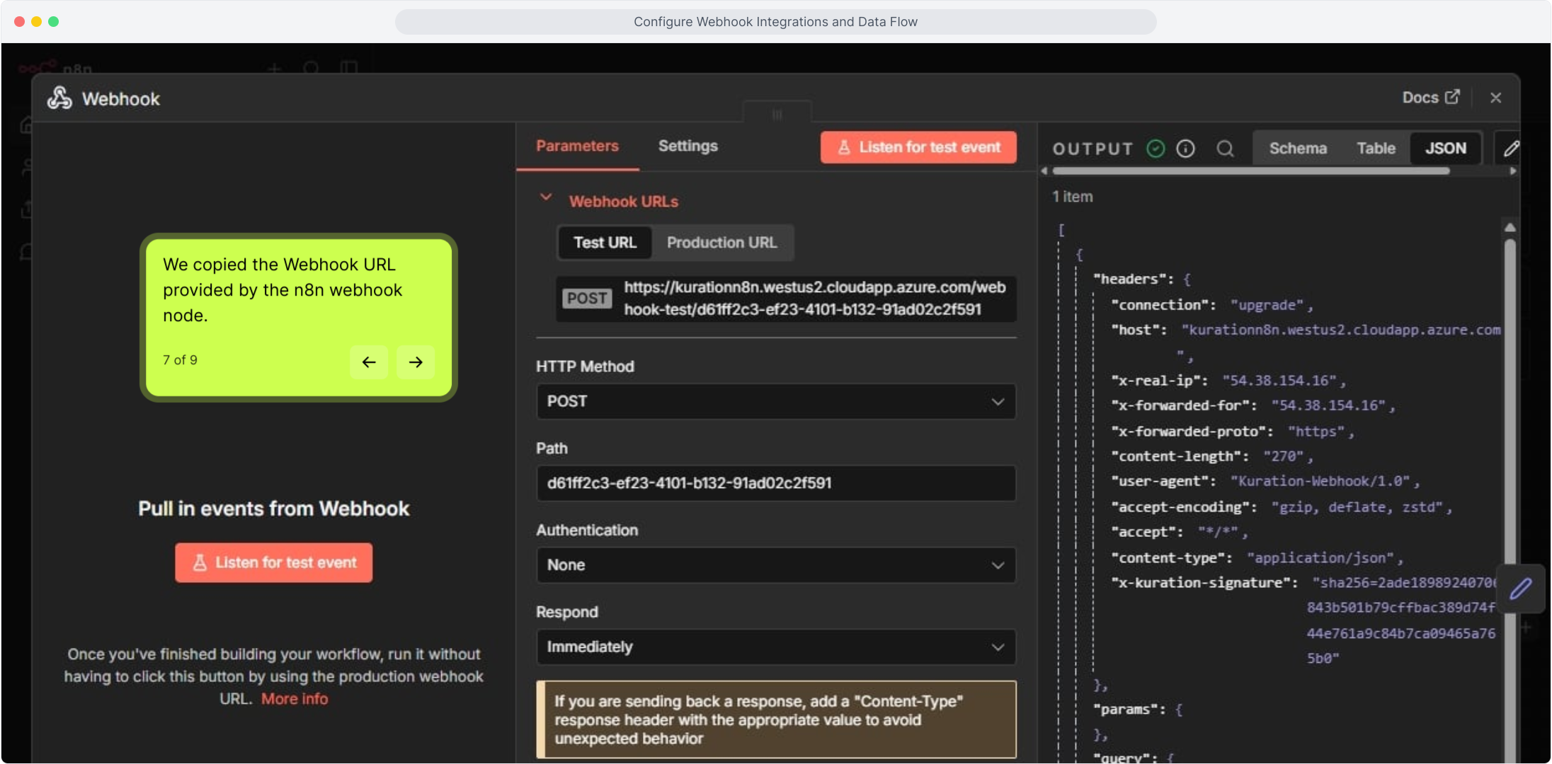 n8n workflow showing the incoming webhook POST URL