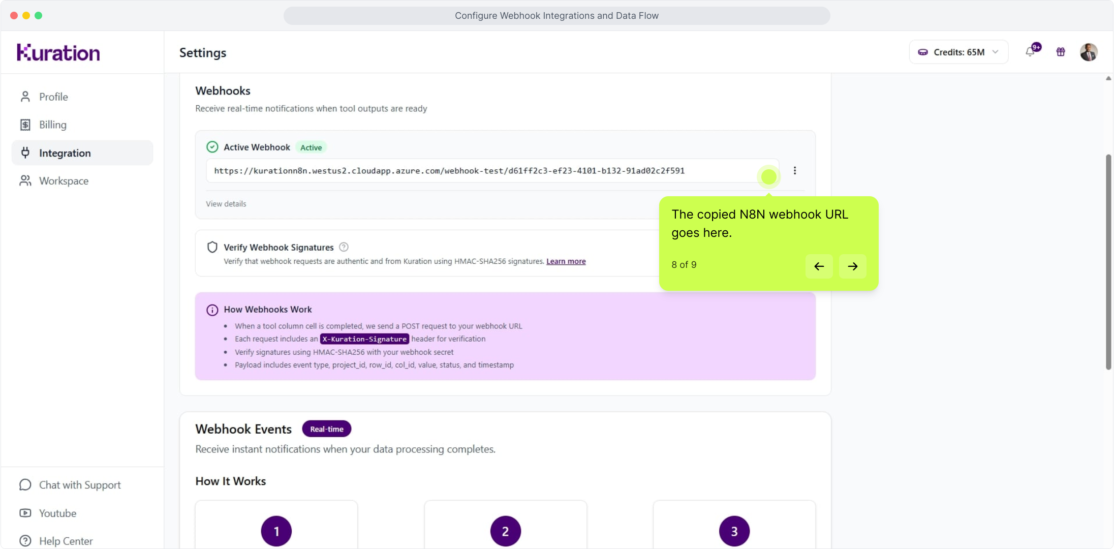 Kuration webhook field with the n8n POST URL pasted in