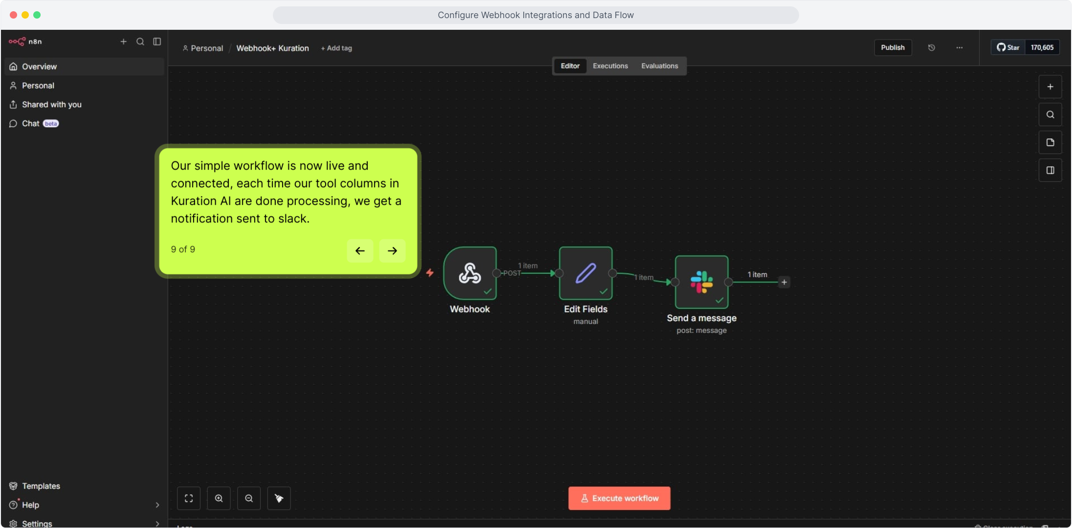 Kuration webhook integration showing an active workflow connection