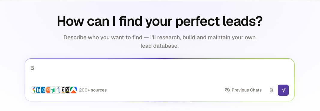 Kuration composer asking how can I find your perfect leads, with a prompt field and 200+ sources