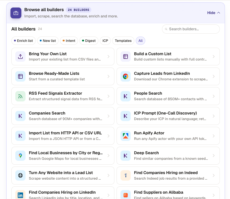 Browse all builders panel in Kuration, listing 24 list builders