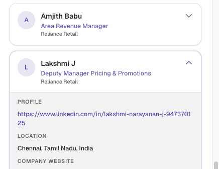 Contact profile with LinkedIn URL, location and job last verified date