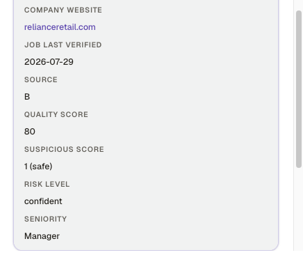 Contact profile continued: source, quality score, suspicious score, risk level and seniority