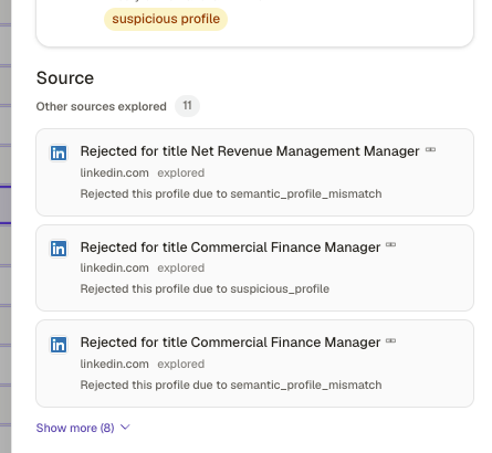 Rejected profiles continued, with rejection reasons