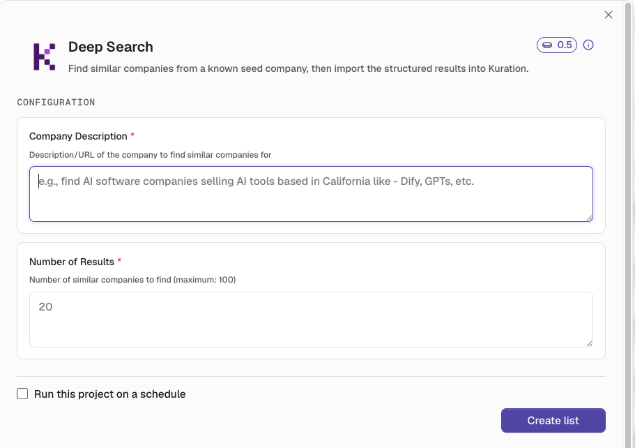 Deep Search builder with the run this project on a schedule option