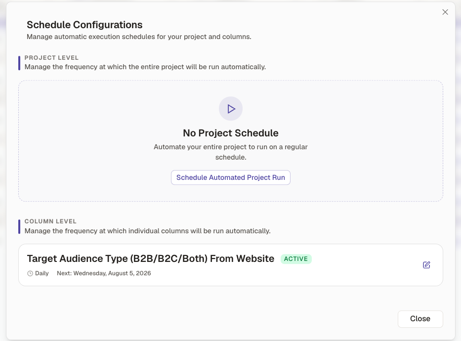 Schedule configurations dialog listing project-level and column-level schedules