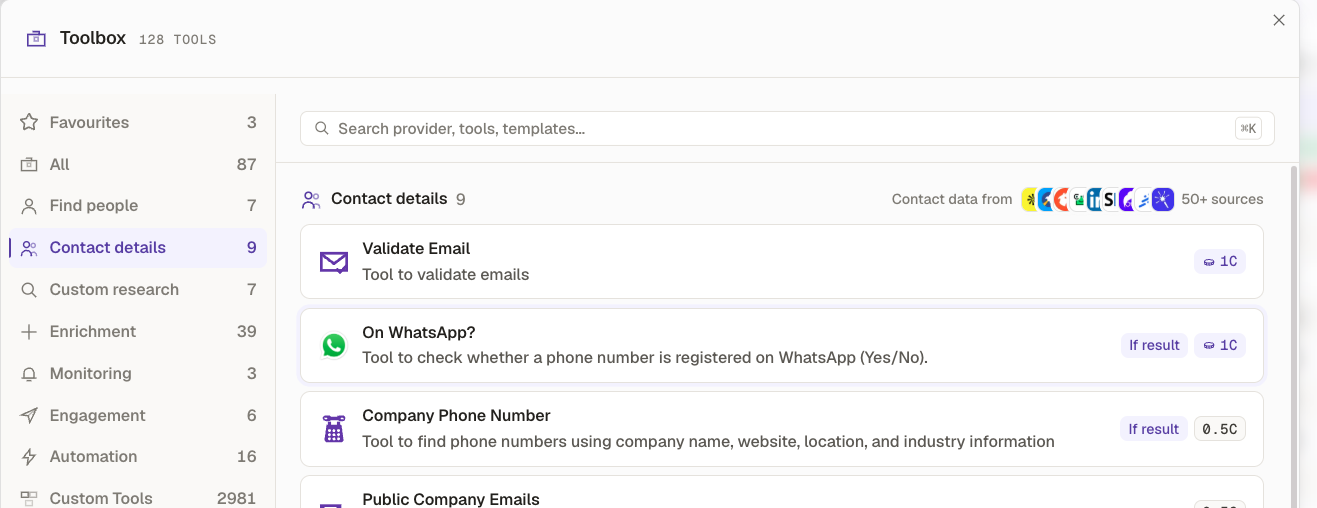 Toolbox open on the Contact details category with On WhatsApp? in the list