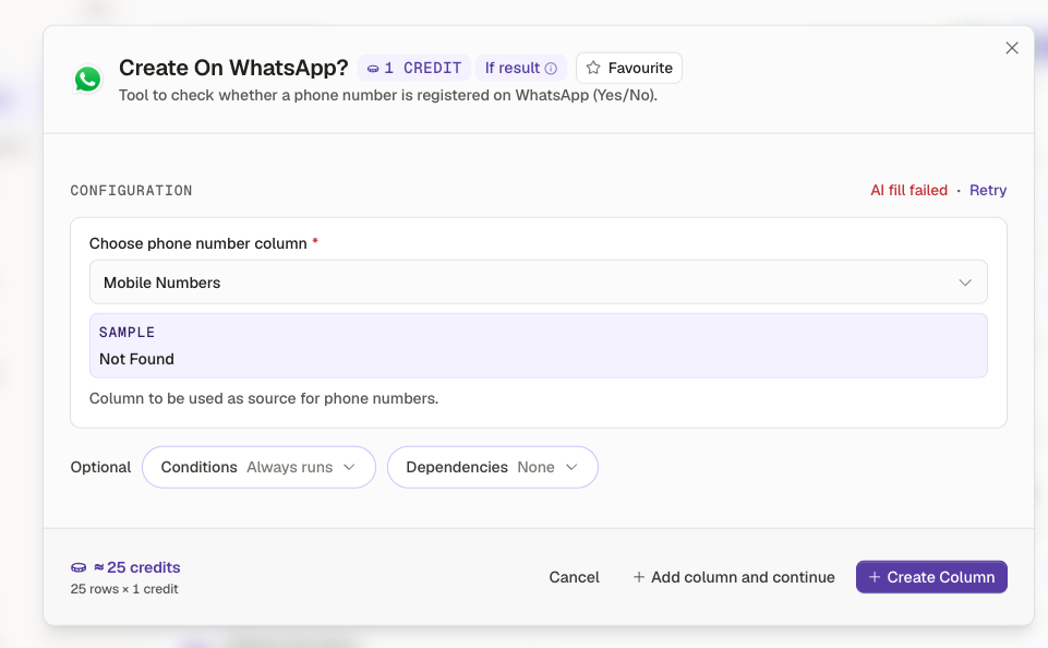Create On WhatsApp? configuration dialog with the Mobile Numbers column selected