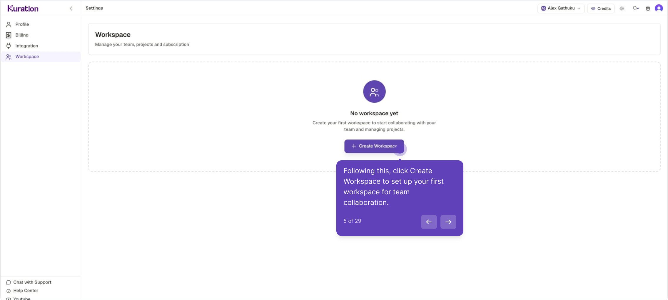 Workspace section with the Create Workspace button