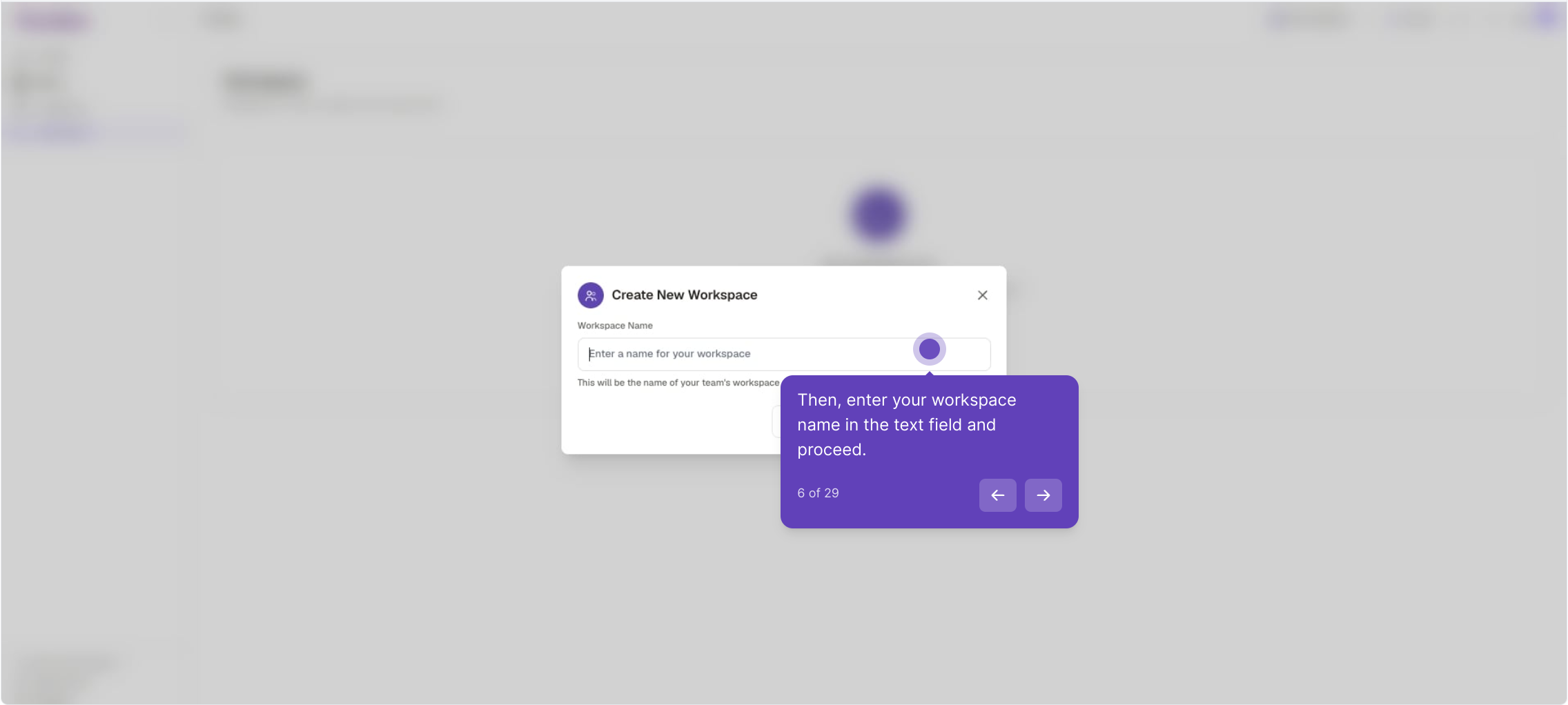 Create New Workspace dialog with a name field