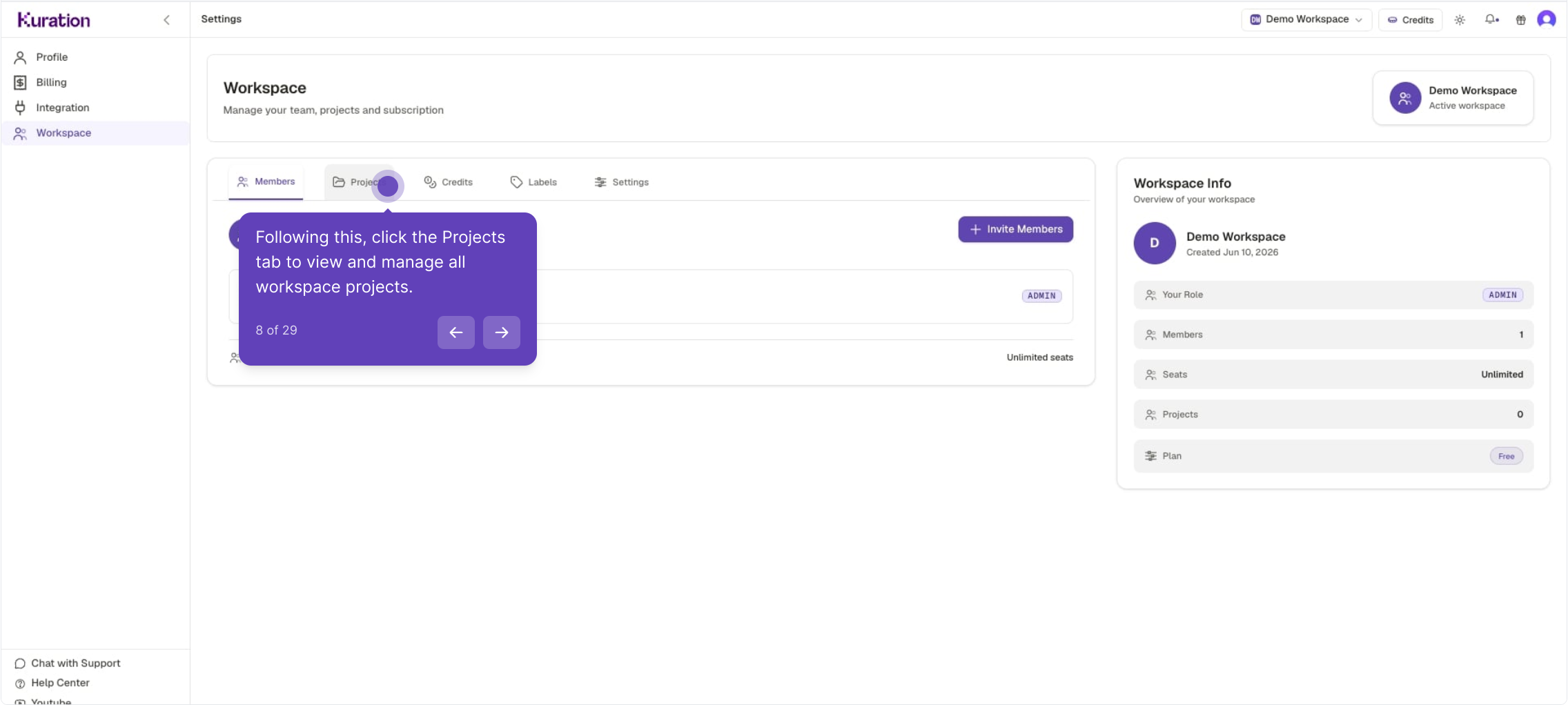 Workspace settings showing the Members, Projects, Credits, Labels and Settings tabs