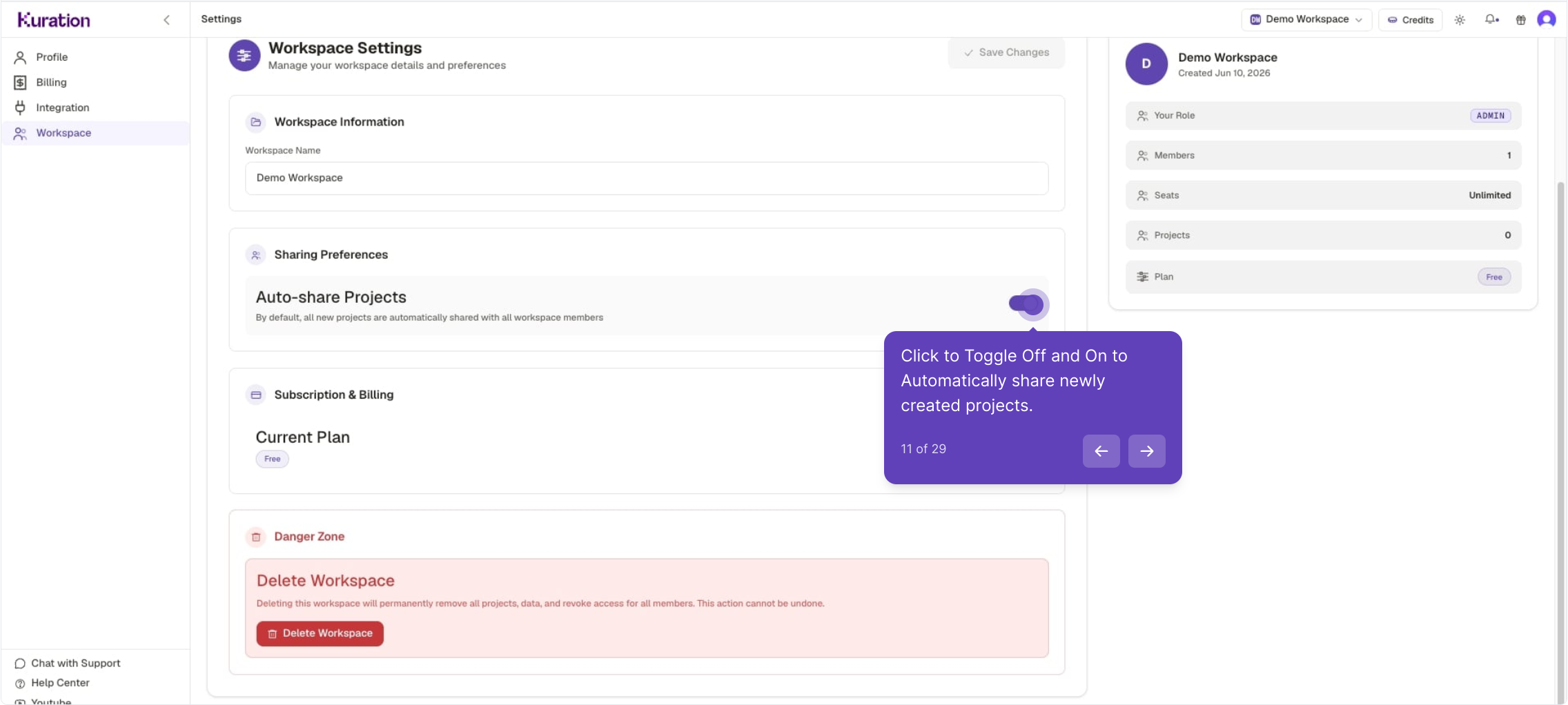 Workspace Settings with the Auto-share Projects toggle