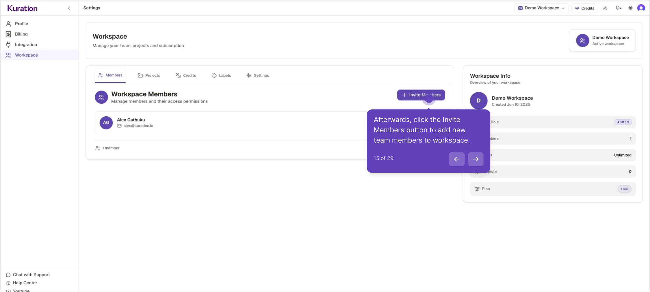 Workspace Members tab with the Invite Members button
