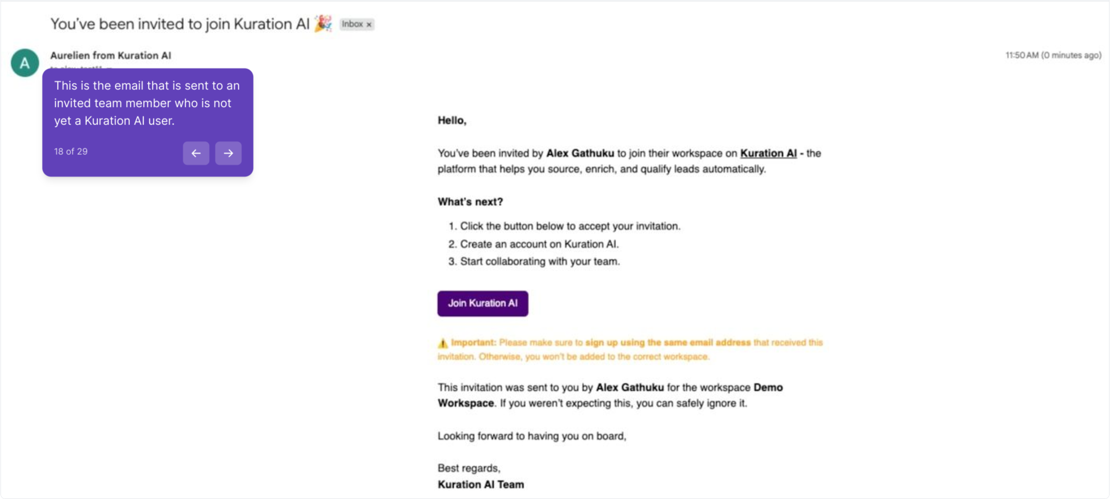 Invitation email inviting a new user to join Kuration AI