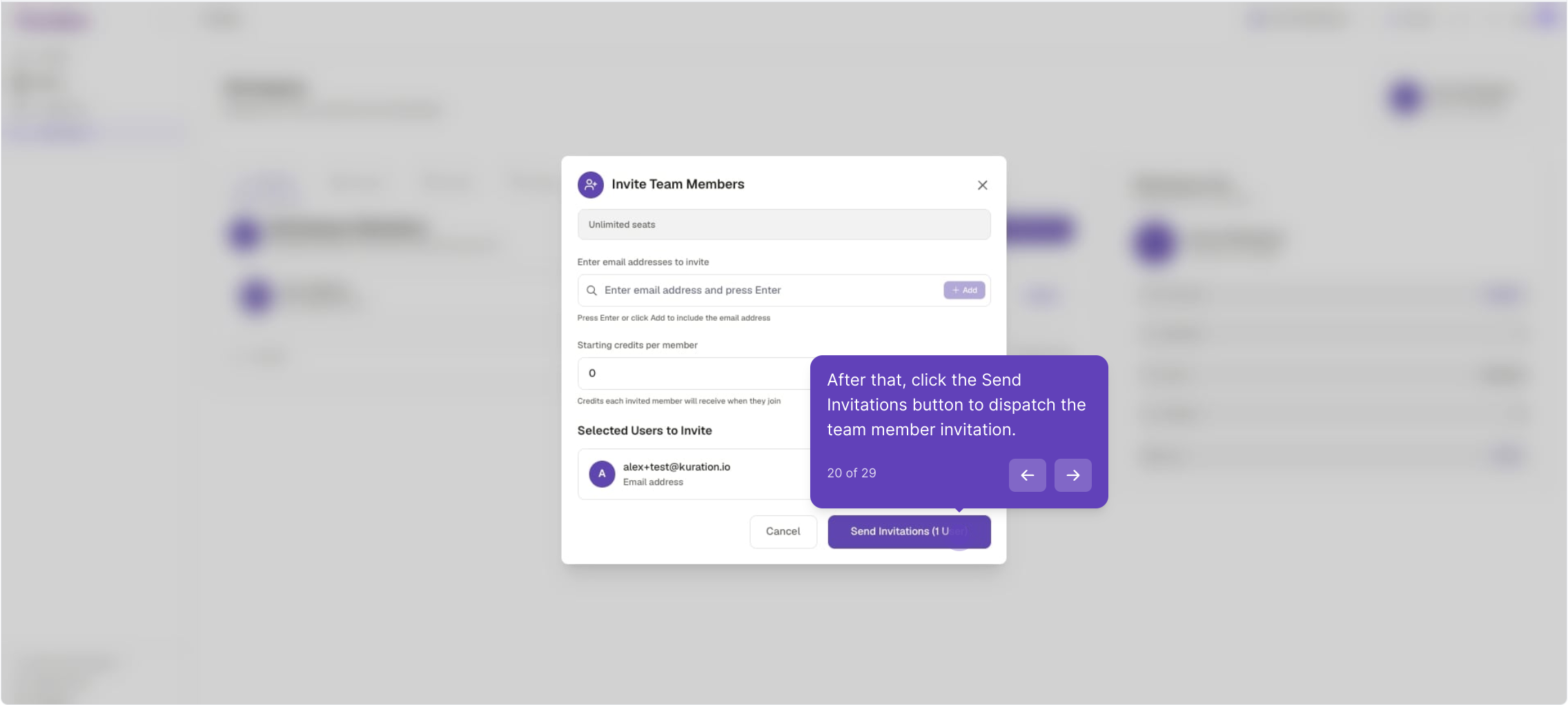Invite Team Members dialog with a selected email and Send Invitations button