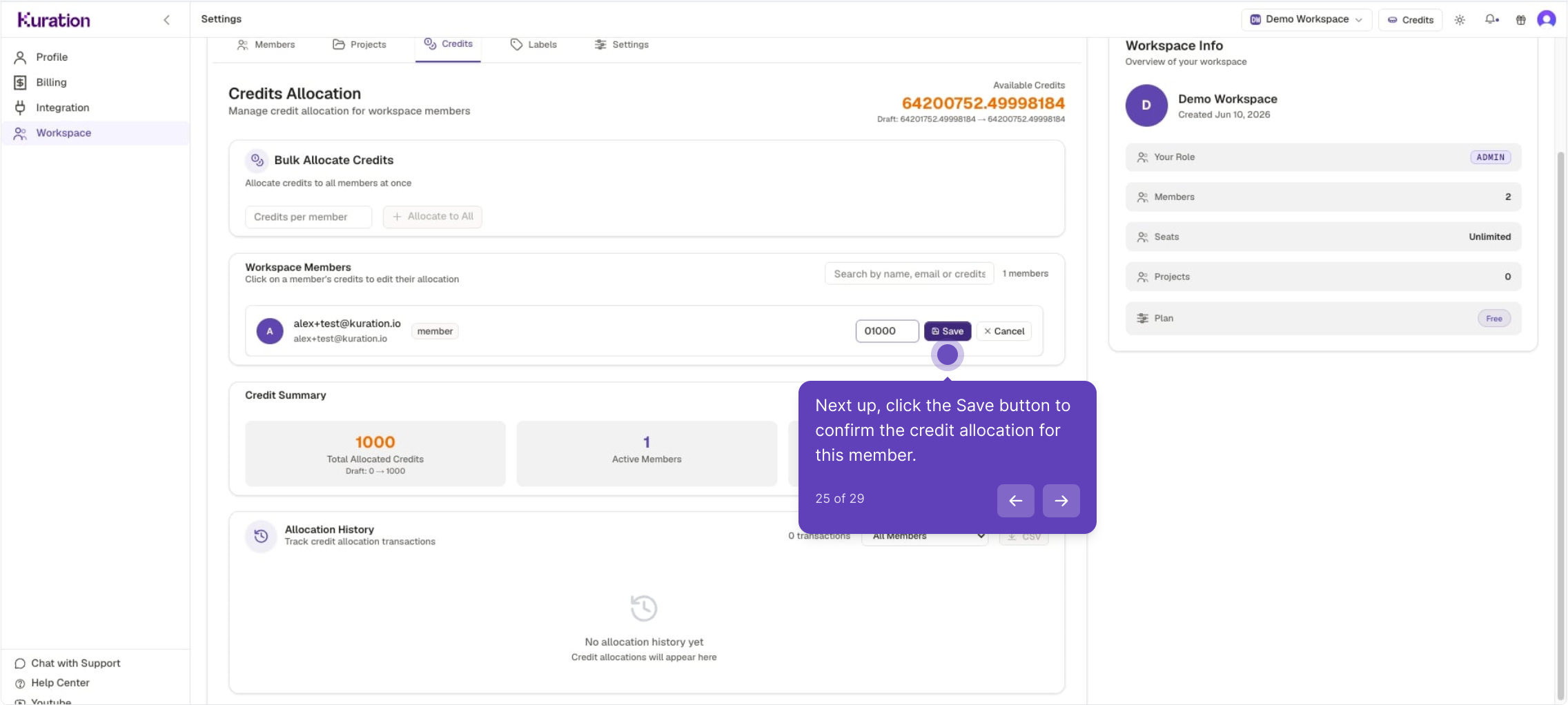 Credits Allocation with a member's credits being saved