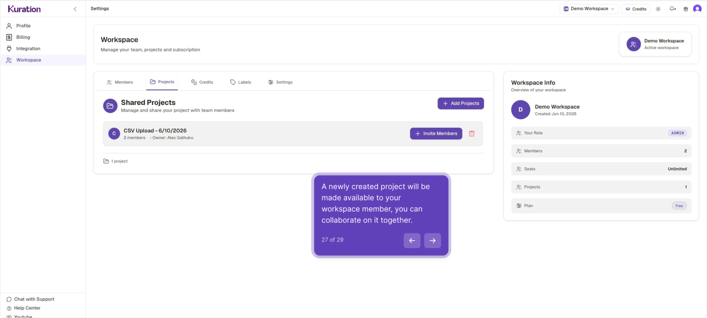 Shared Projects list with a shared CSV Upload project
