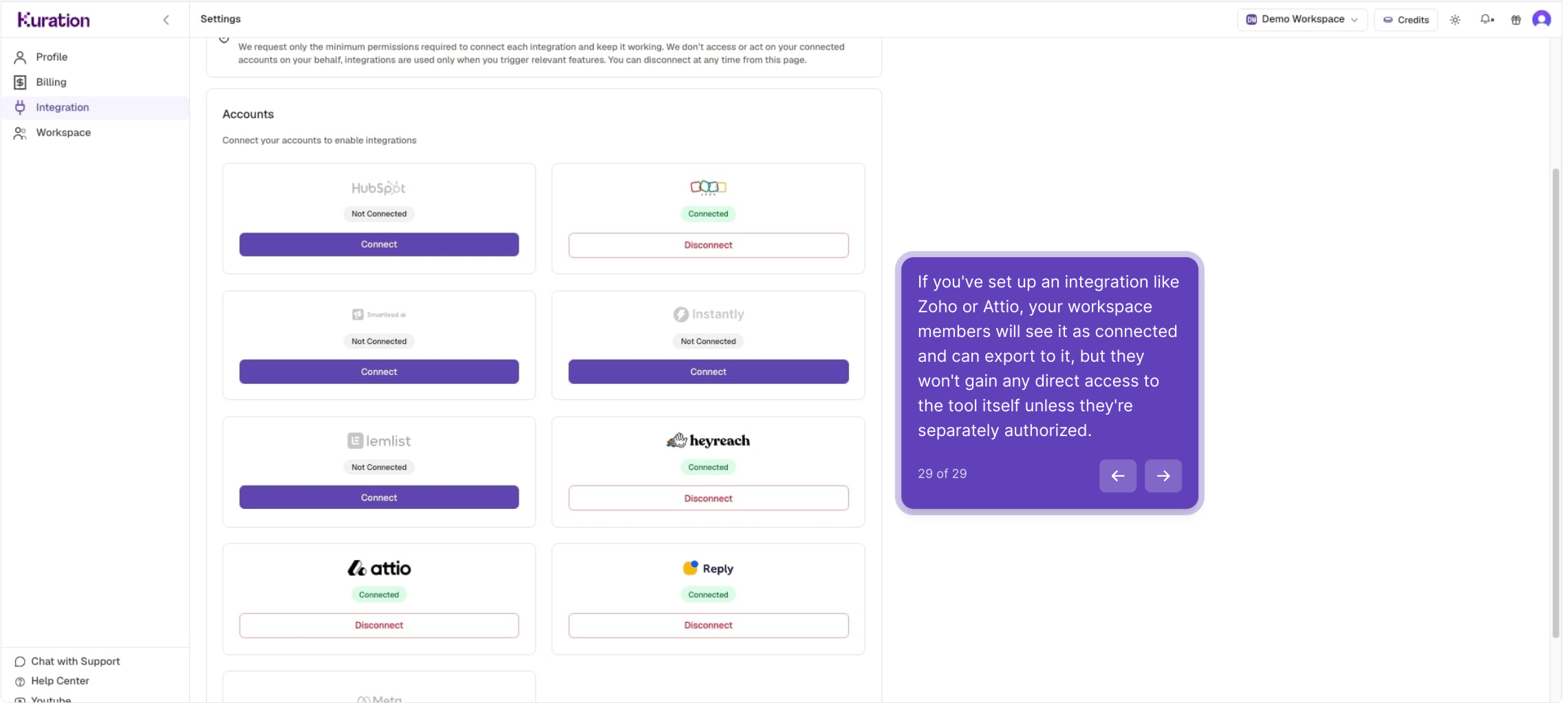 Integration Accounts showing connected tools available to workspace members